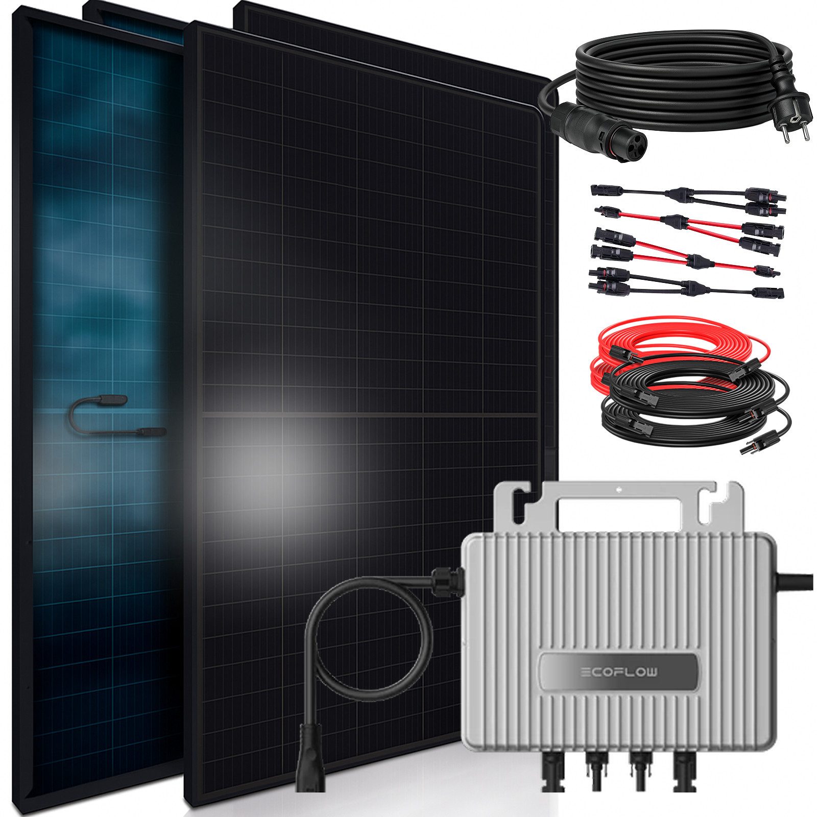 SUNNIVA Balkonkraftwerk 1840W BIFAZIAL FULLBLACK komplett Steckdose, (ECOFLOW 800W Wechselrichter, PV Solaranlage, 4x 460W Glas-Glas Солнечные панели, inkl. 5m Kabel, Bluetooth WIFI, Komplettset)