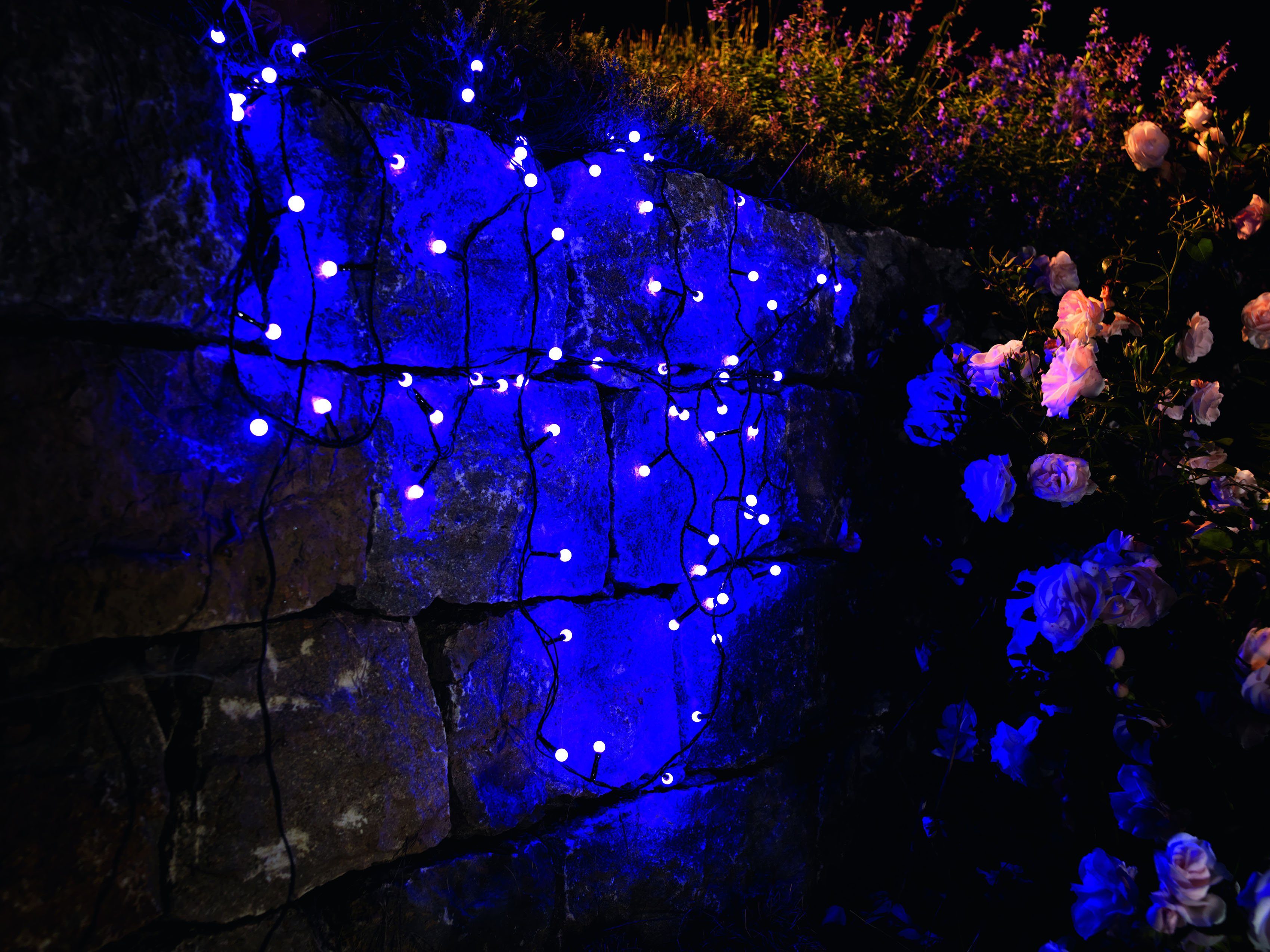 LED 80 KONSTSMIDE 80-flammig, purpurfarbene Dioden, Globelichterkette, Weihnachtsdeko LED-Lichterkette Dioden aussen, runde