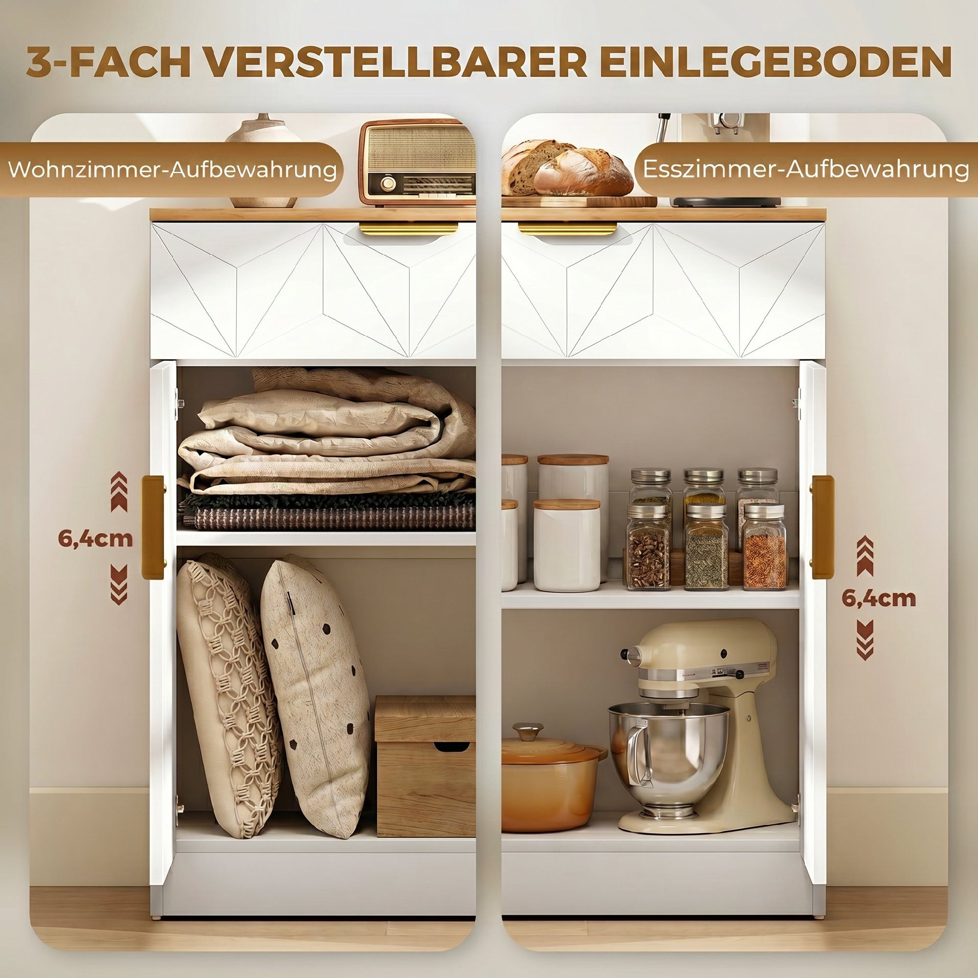 HOMCOM Sideboard Aufbewahrungsschrank Beistellschrank mit Schublade (Set, 1 St., 1), Mit zwei höhenverstellbaren Einlegeböden. – Bild 5 von 5