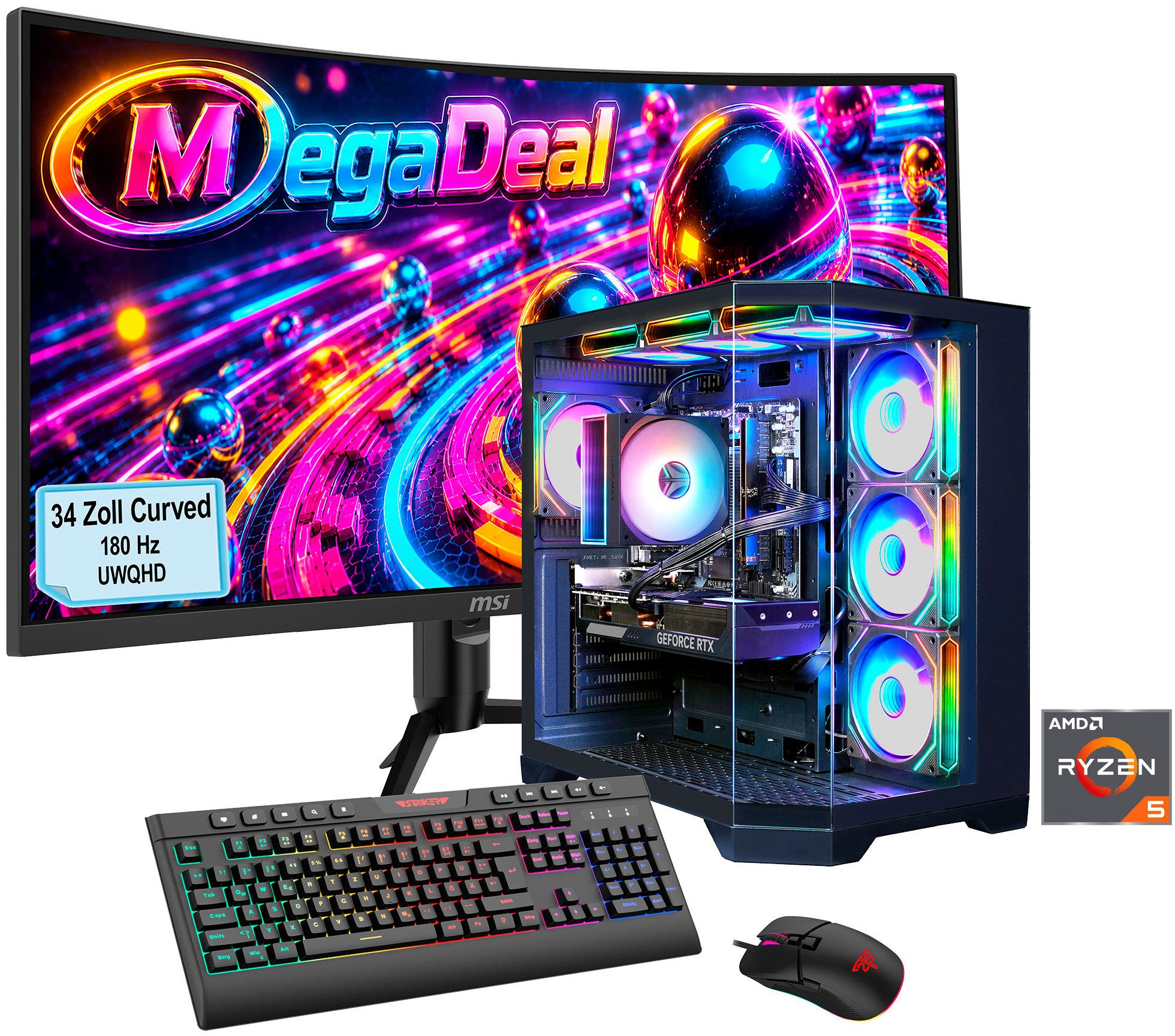GAMEMAX MegaDeal HYPE-A BK 2838 AMD Ryzen 5 9600X 16GB DDR5 1TB SSD RTX 5070 Gaming-PC-Komplettsystem (34", AMD Ryzen 5 9600X, RTX 5070, 16 GB RAM, 1000 GB SSD, Windows 11, DDR5 RAM + MSI MAG 342CQR E2 Curved Monitor 86cm (34)