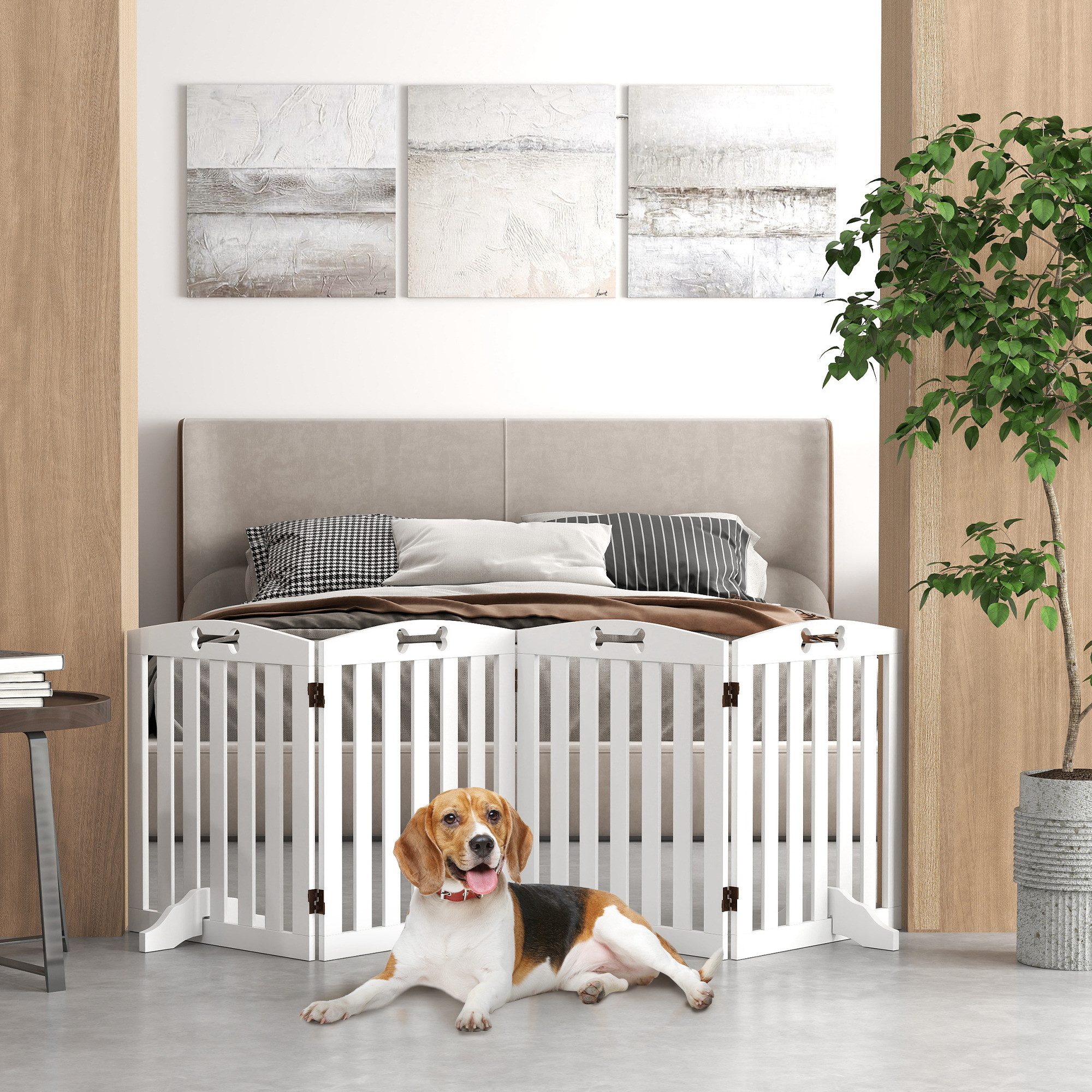 PawHut Hundegitter 4-teilig, 207,5 x 61 cm, faltbar, mit 2 Stützfüßen, freistehend (Absperrgitter, 1 St., Türschutzgitter), für mittelgroße Hunde, für Flur, Treppe, Weiß