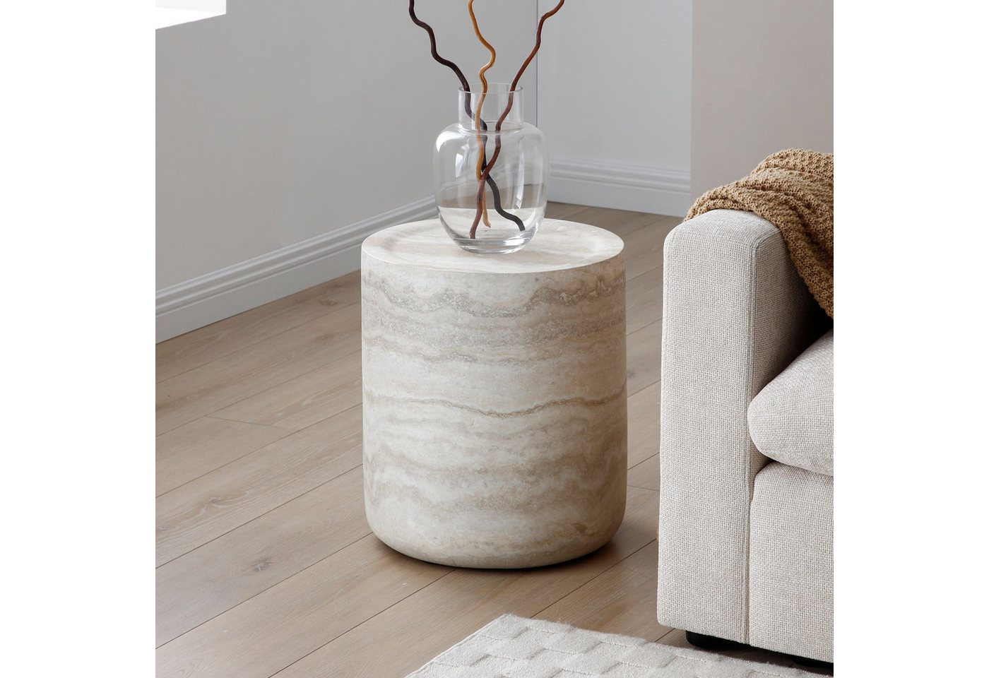 NJLyuhome Couchtisch Zylindrischer Beistelltisch & Wohnzimmertisch, 40 x 40 x 45,5 cm (1-St), Wunderschöner Travertin-Look aus strapazierfähigem Glasfaserbeton