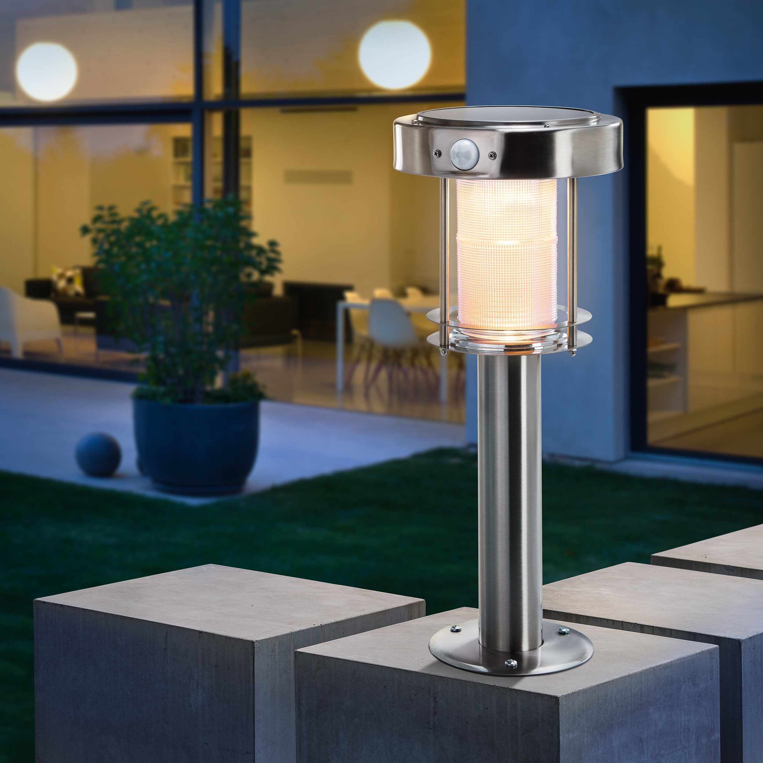 esotec LED Solarleuchte Edelstahl PIR-Sockelleuchte ANCONA H=42cm DUO COLOR 6500K 2800K 102536, LED fest integriert