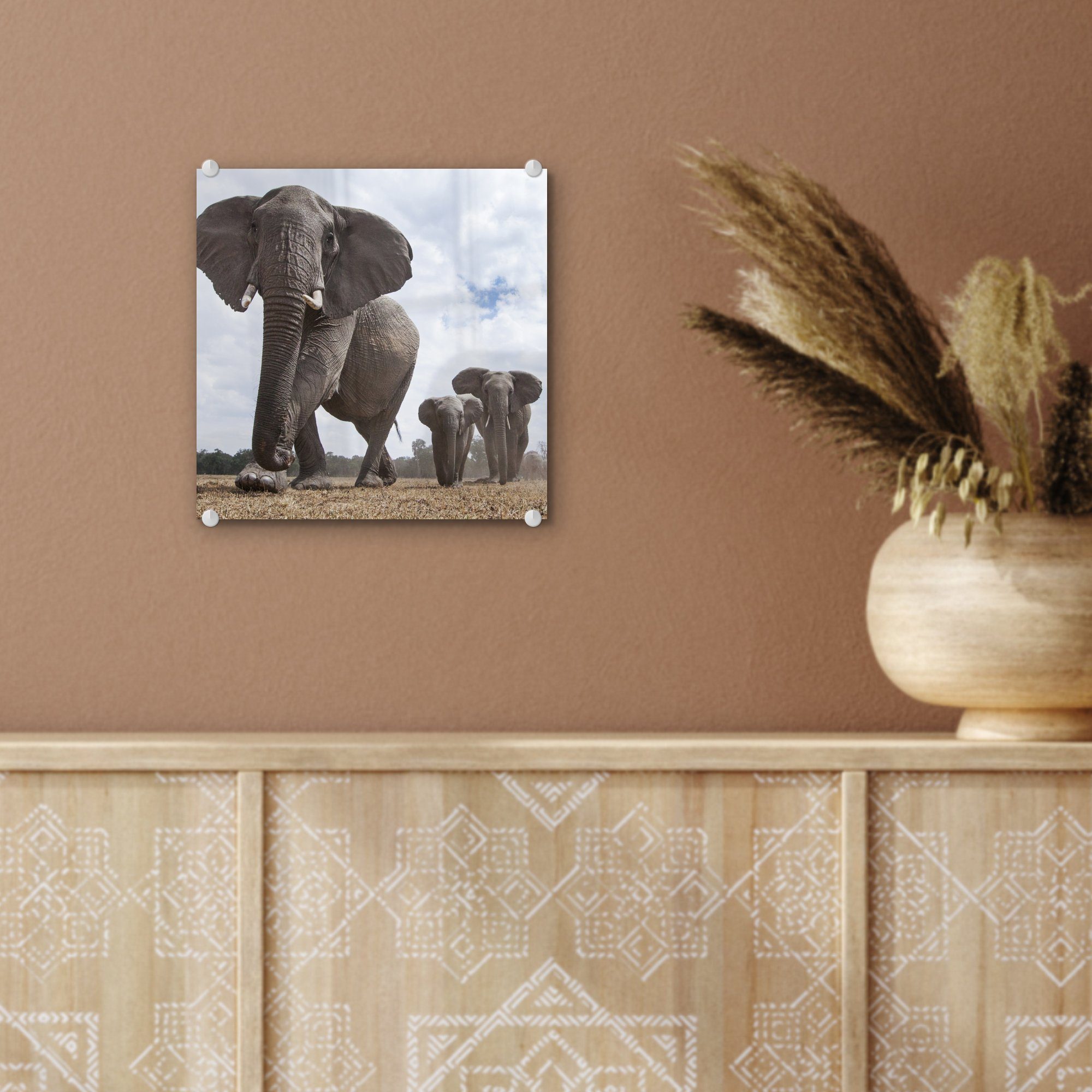 Glasbilder Elefant Flachland, - St), auf Wandbild - Wanddekoration - Tiere Bilder - Glas Foto Acrylglasbild MuchoWow Glas - (1 auf Natur -