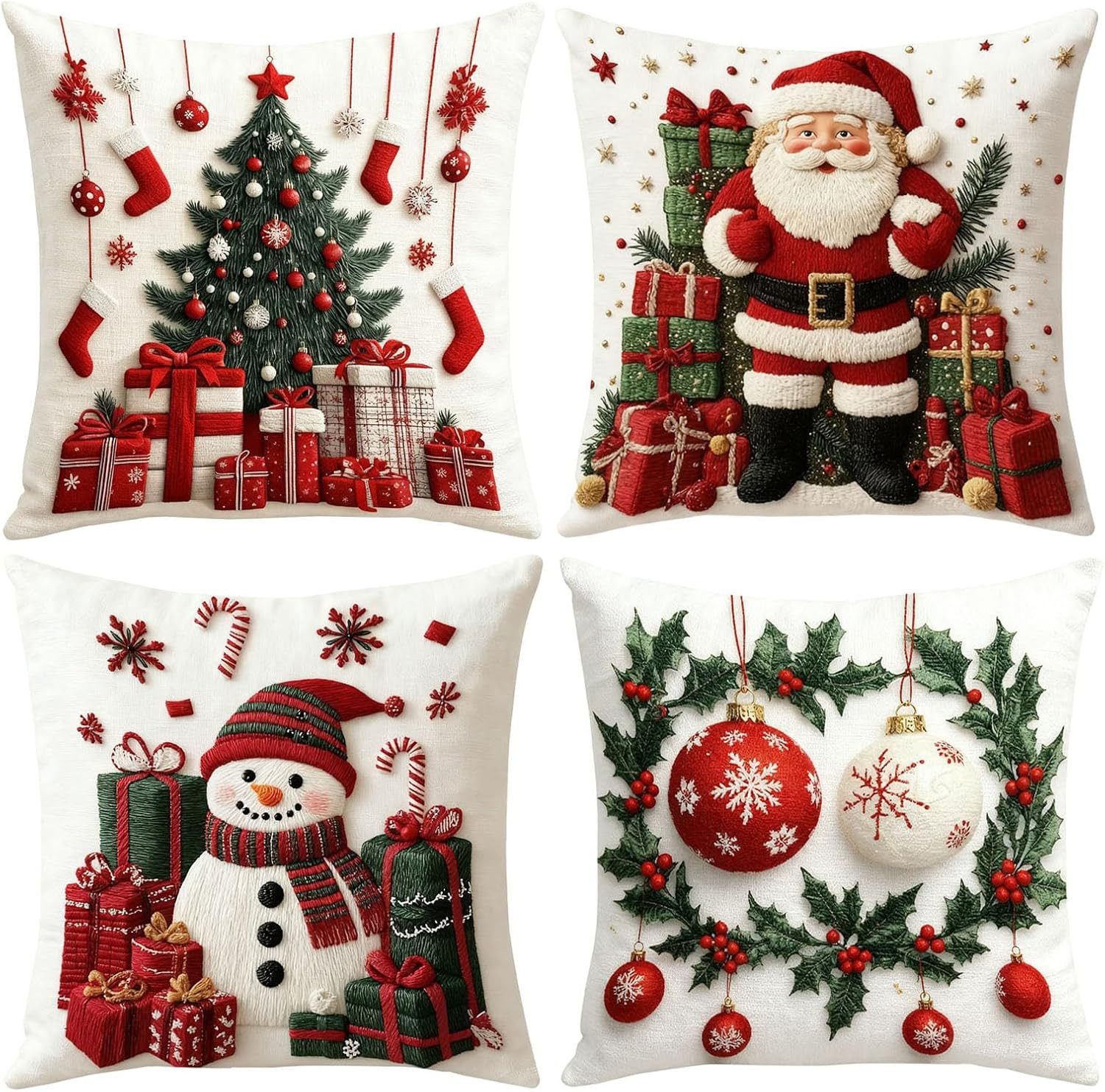FELIXLEO LED-Kerze 4er Set Leinen Kissenbezüge 45x45 cm Rot Weihnachtskissen