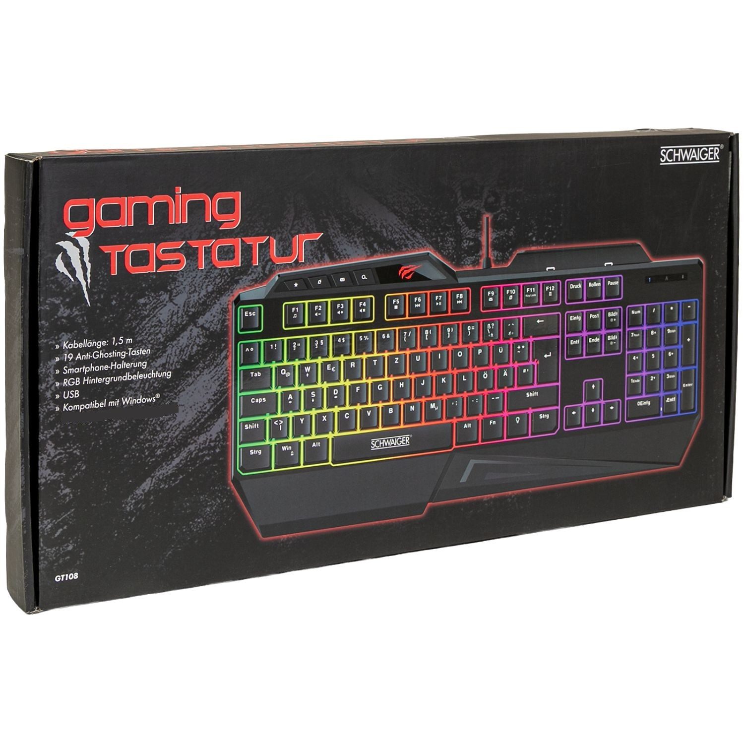 Schwaiger Gaming Keyboard Tastatur GT108 RGB DE-Layout Gaming-Tastatur (RGB LED Beleuchtung beleuchtet Gamer Tastatur Smartphone Halterung)