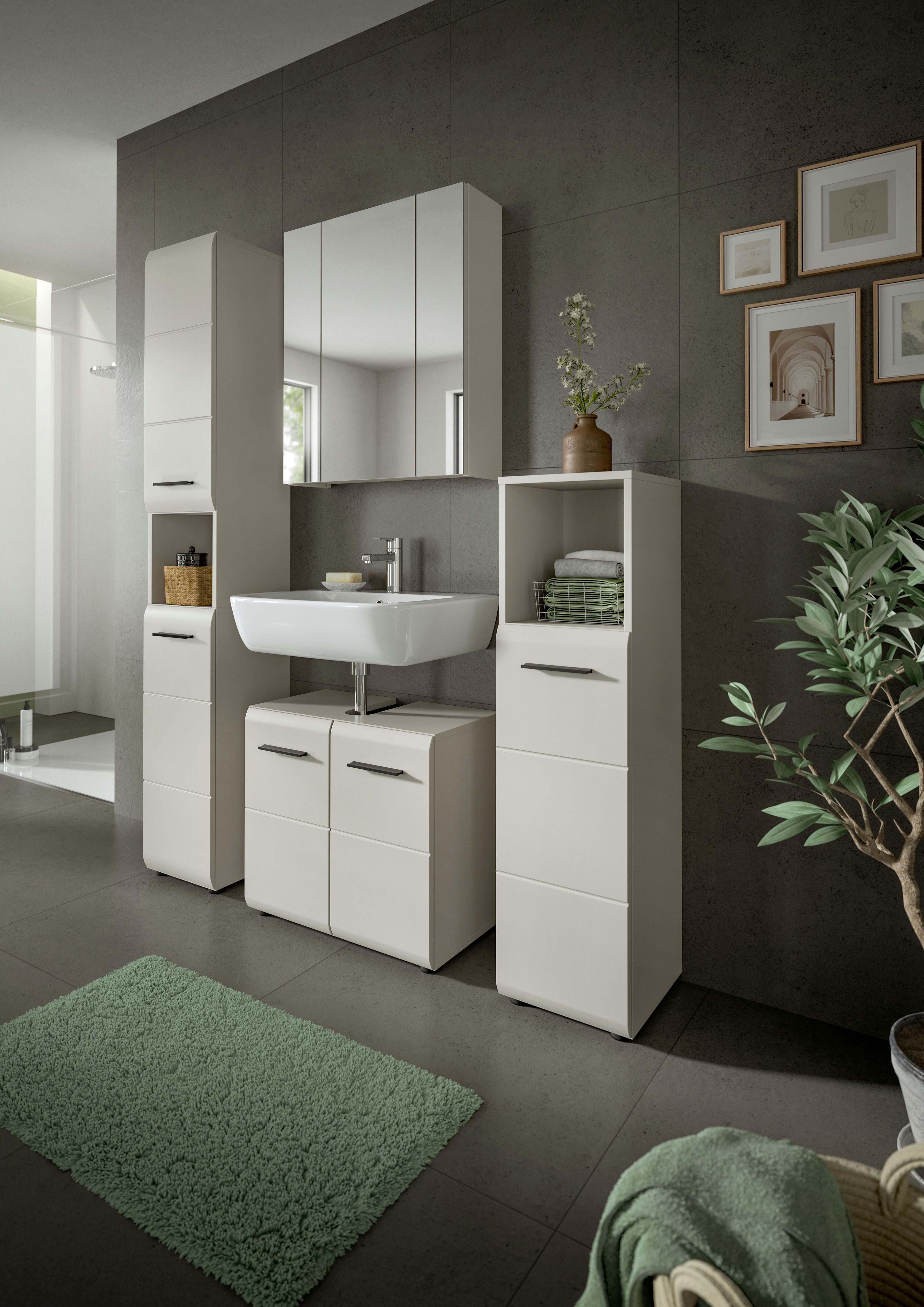 welltime Badezimmer-Set, (Set, 4-St., Hochschrank, WBU, Spiegelschrank, Standschrank hoch), Bad-Kombination, Bad-Möbel, Badezimmer, Kombination, Kombi