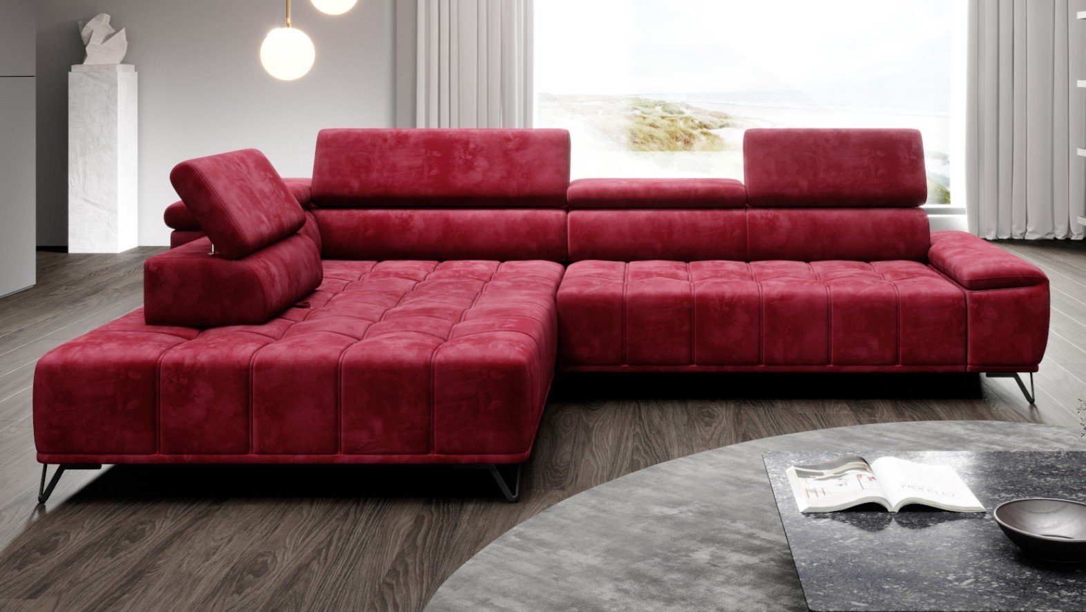 Sofa Dreams Ecksofa Funktionssofa Davino L rot, Kopfstützen, verstellbare elektrisch mechanisch Sitztiefe Form verstellbare