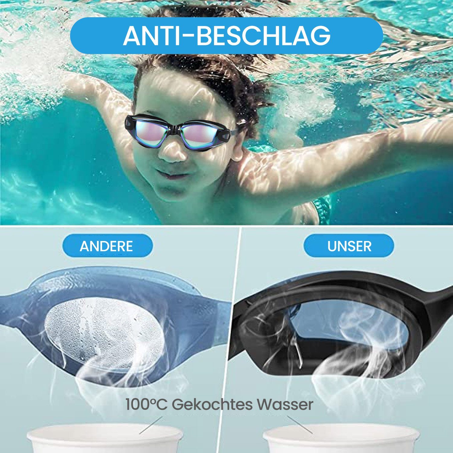 MAGICSHE Schwimmbrille Schwimmbrille Buntes unisex, 100% Schwimmbrille Kinder Alter Anti-Glare Schutzhüllen, mit für 3-16, von UV-Schutz, im Anti-Fog, Pink