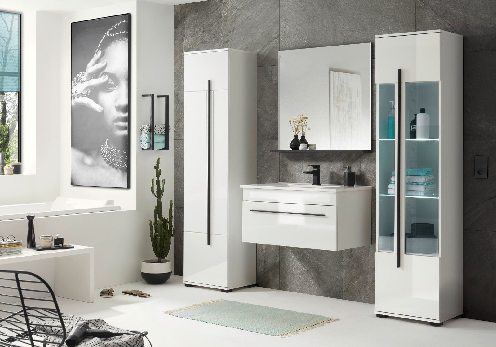 Hochglanz, mit weiß (Badschrank in 45 120 x viel Midischrank cm) Stauraum IMV Design-D