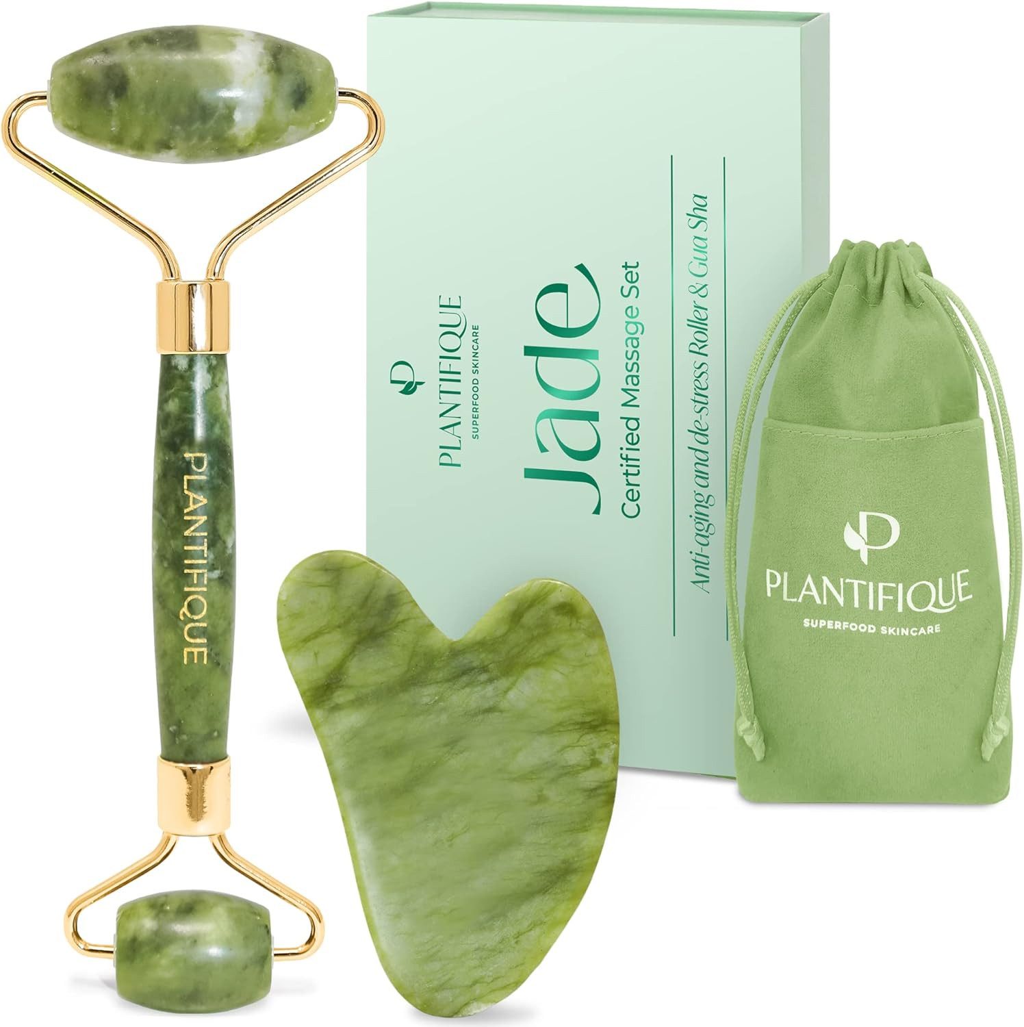 PLANTIFIQUE Massageroller 2-in-1 Beauty-Set mit Jade Gesichtsroller und Gua Sha Stein, Wiederverwendbar und einfach anzuwenden, Unterstützt ein frisches, gepflegtes und entspanntes Hautgefühl