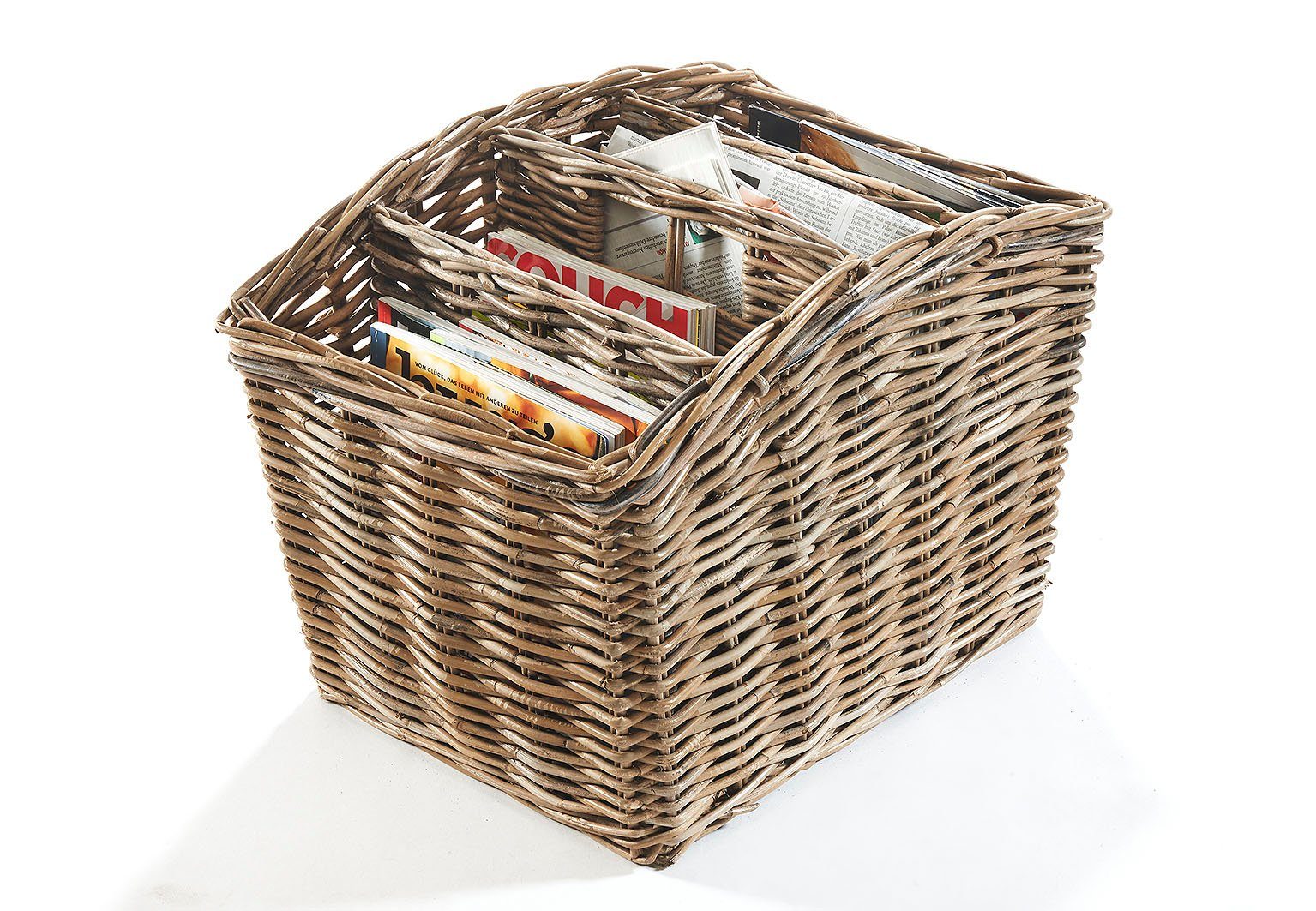 Kobolo Zeitungsständer Magazinsammler aus Rattan 4 Fächer kubu grey - Zeitungskorb Aufbewahru (Stück, 1 St), Rattan