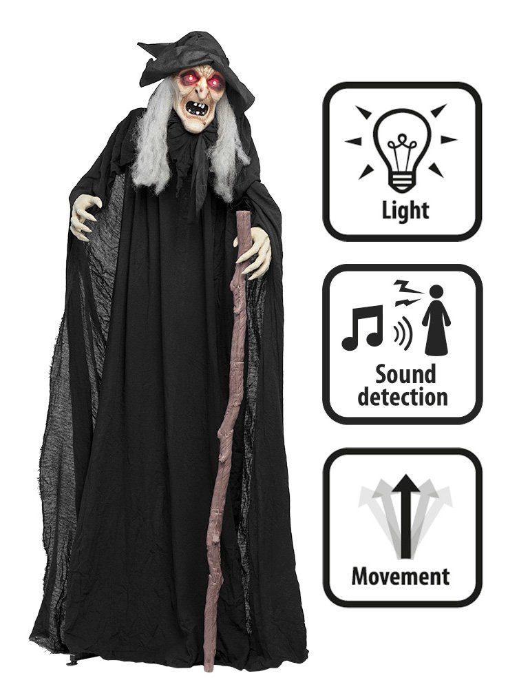 Boland Dekofigur Animierte Gruselhexe Halloween Deko – 183 cm, Gruselige Halloweenfigur, die auf Geräusche reagiert