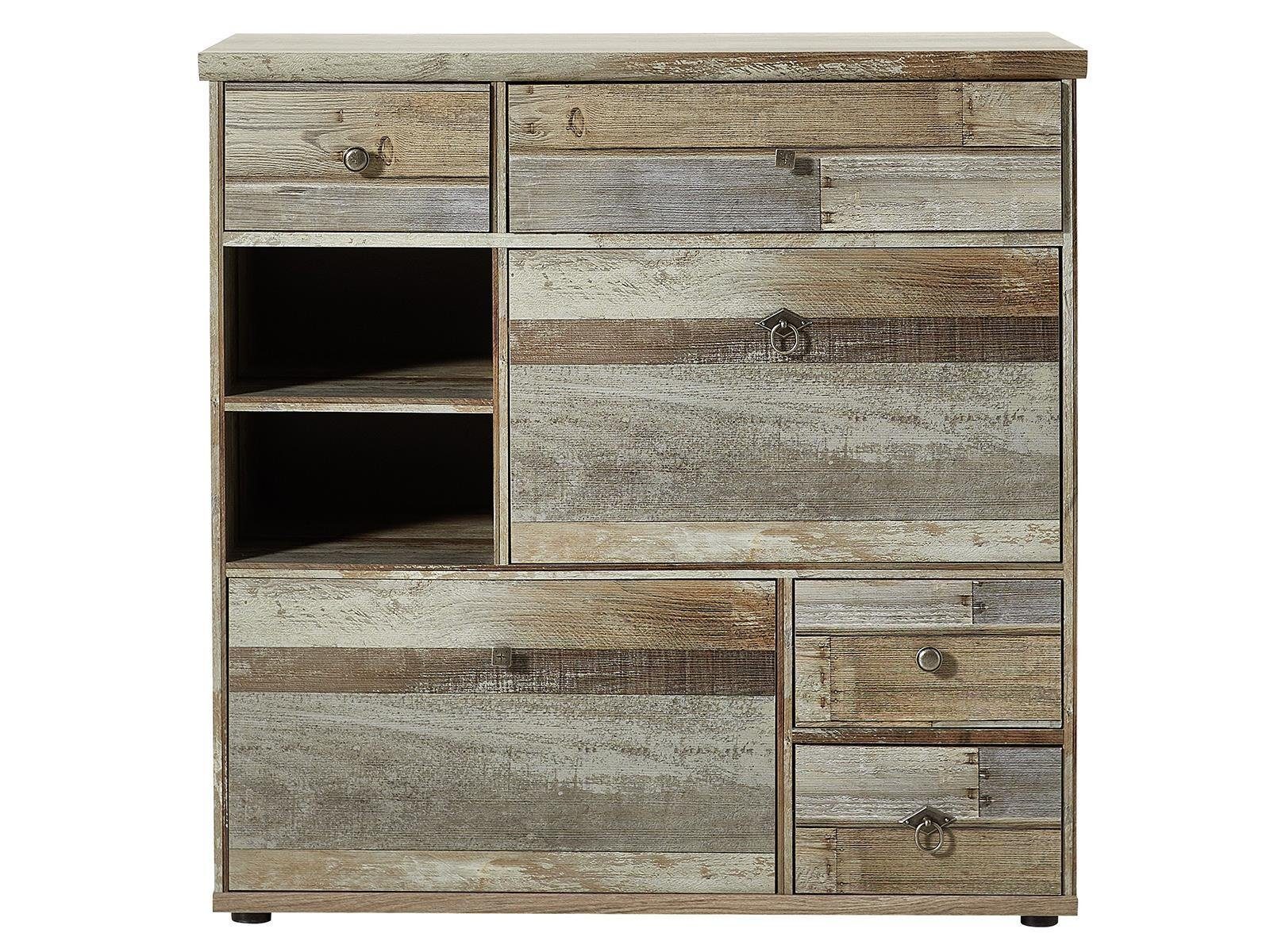 Britta 2 höhenverstellbare Schuhschrank möbelando Antik-Optik. Schuhschrank Nachbildung Fächer, Einlegeböden Klappen, Breite und 99 Spanplatte cm 2 Griffe in aus foliert aus in Schubkästen, 2 mit offene Driftwood 2 4 Konstruktionsboden, Zinkdruckguss