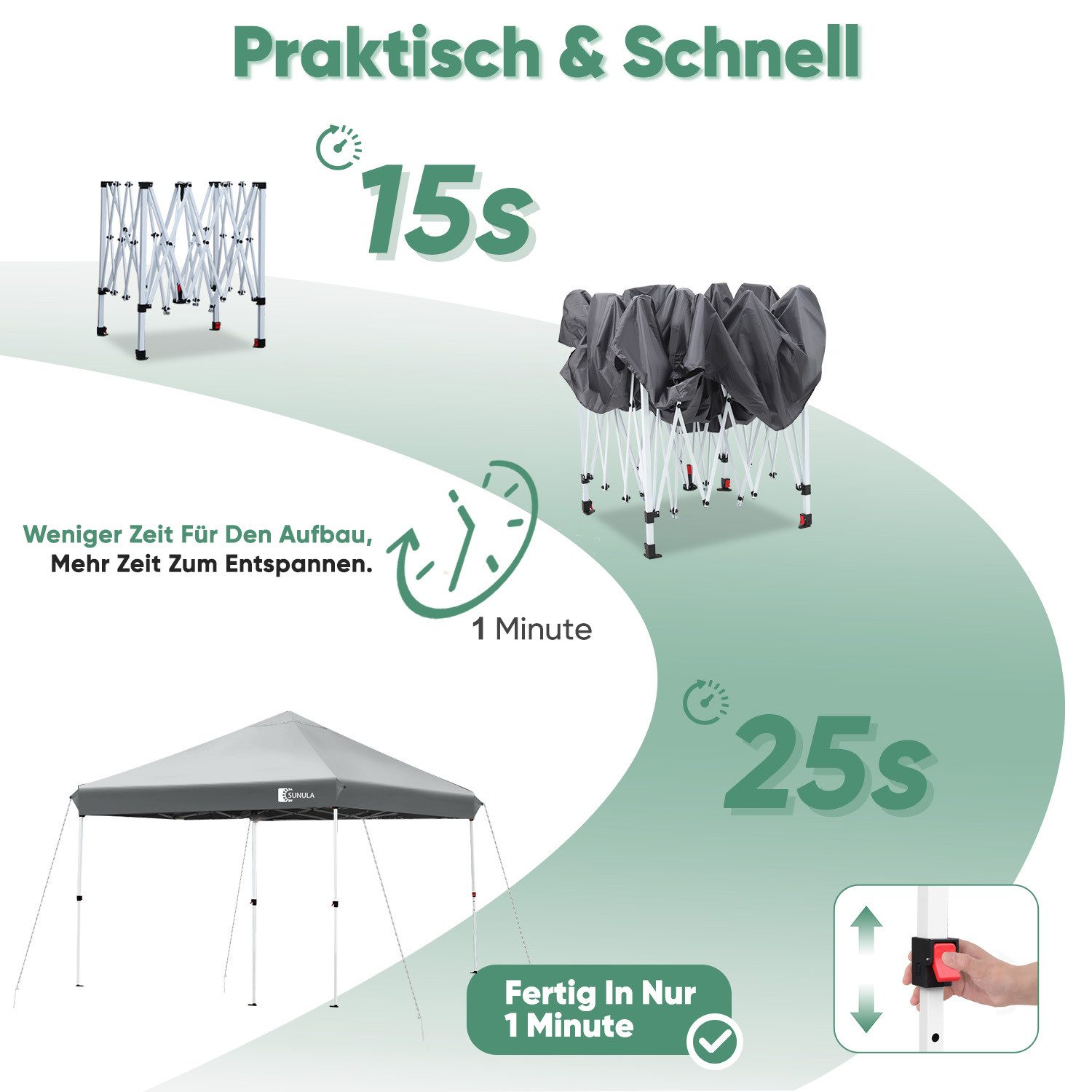 SUNULA Faltpavillon 3x3 m Pavillion Wasserdicht Pop Up Gartenpavillon Winterfest, mit 0 Seitenteilen, Wetterfester Schutz, Leichter Aufbau, Inklusive Tragetasch – Bild 2 von 5