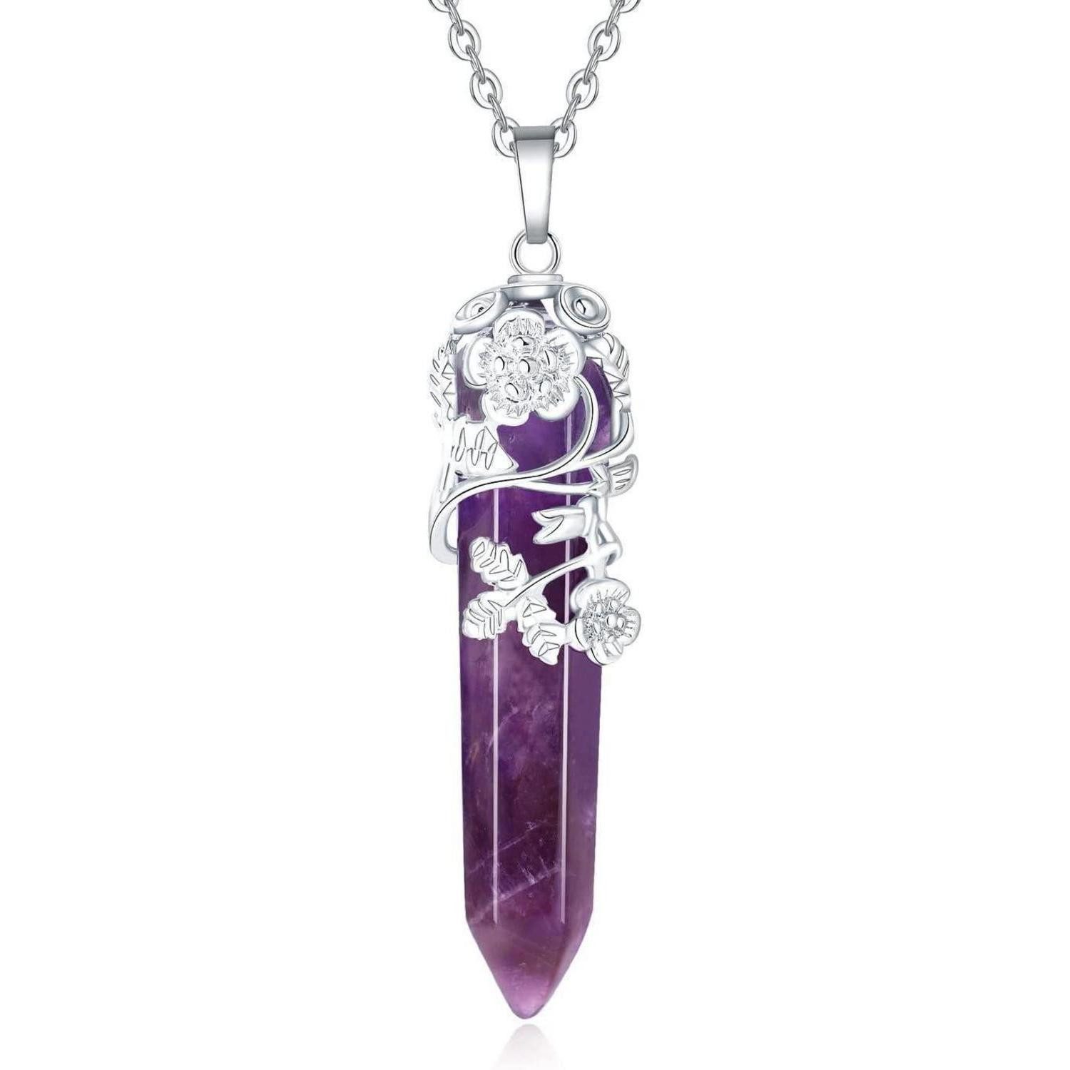 Kette mit Anhänger Halskette Damen Rosenanhänger Kristall Reiki Heilung Violett Amethyst