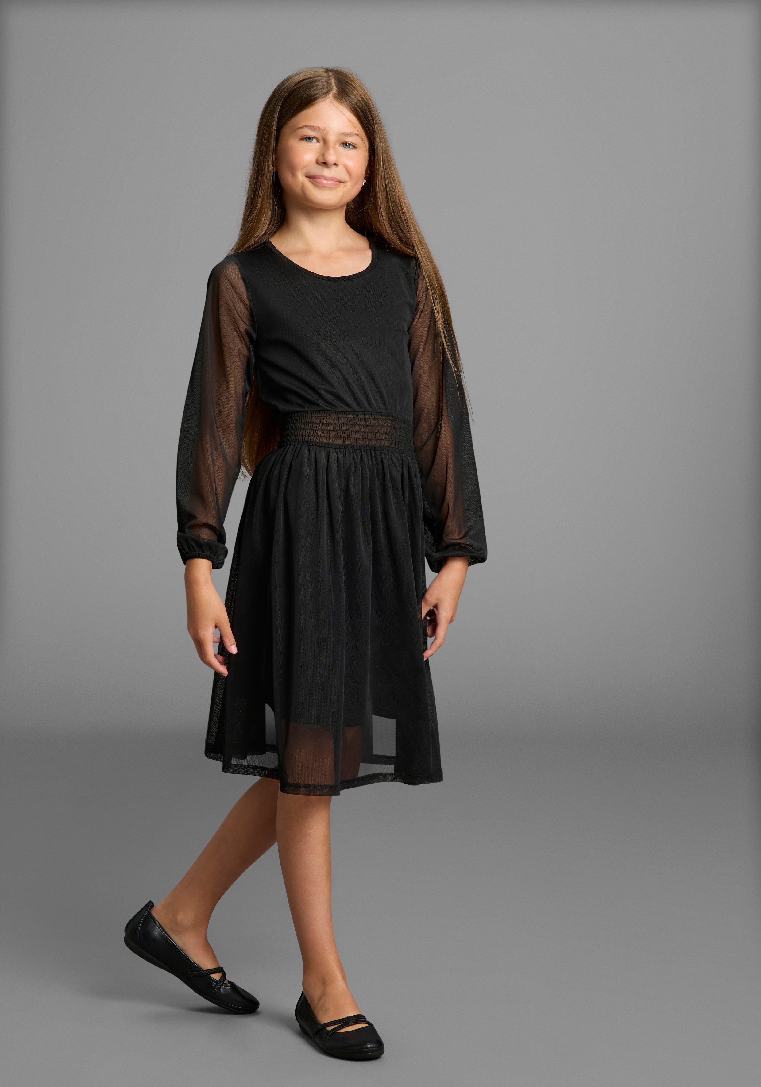 Bruno Banani Chiffonkleid Meshkleid mit transparenten Ärmeln für festliche Anlässe Festliches Shirtkleid mit Chiffon