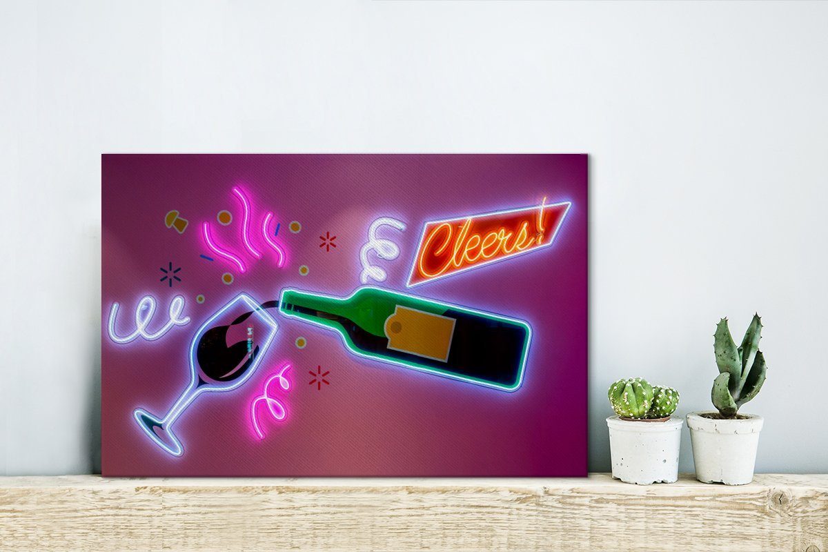 OneMillionCanvasses® Leinwandbild Neon-Weinflasche mit Glas, (1 cm Aufhängefertig, Leinwandbilder, Wandbild Wanddeko, 30x20 St)