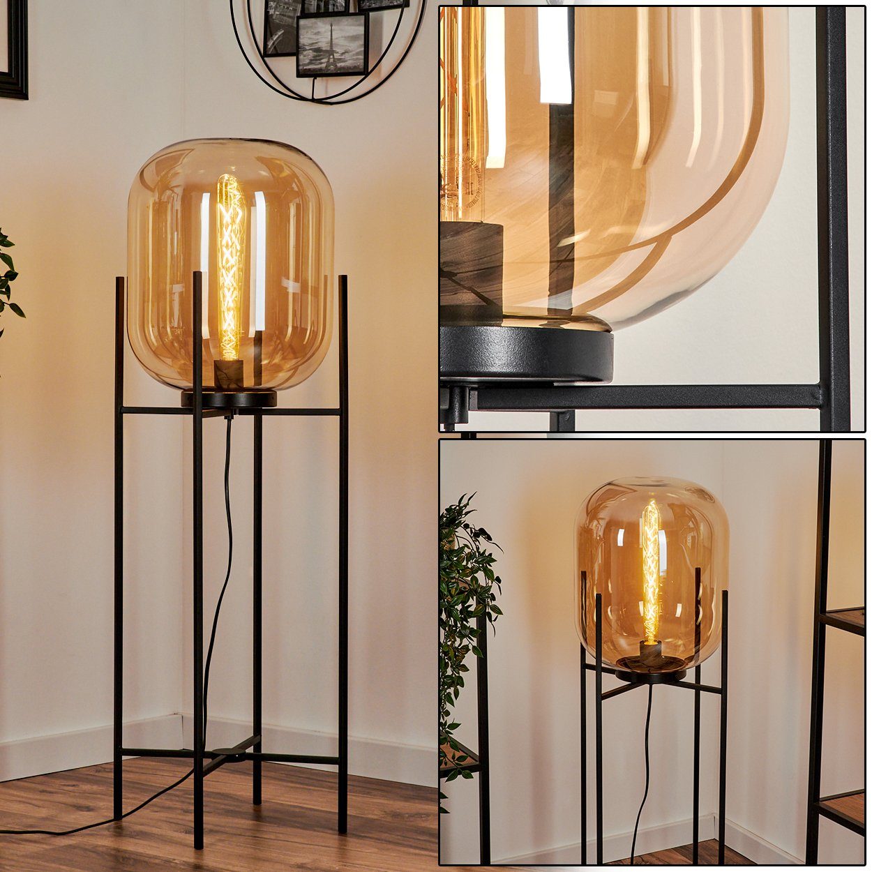 ohne Glasschrim aus Fußschalter, E27, Leuchtmittel, Standleuchte, Stehlampe Schwarz/Bernsteinfarben, Ø30cm, hofstein moderne Leuchtmittel 1x Metall/Glas Stehlampe ohne in