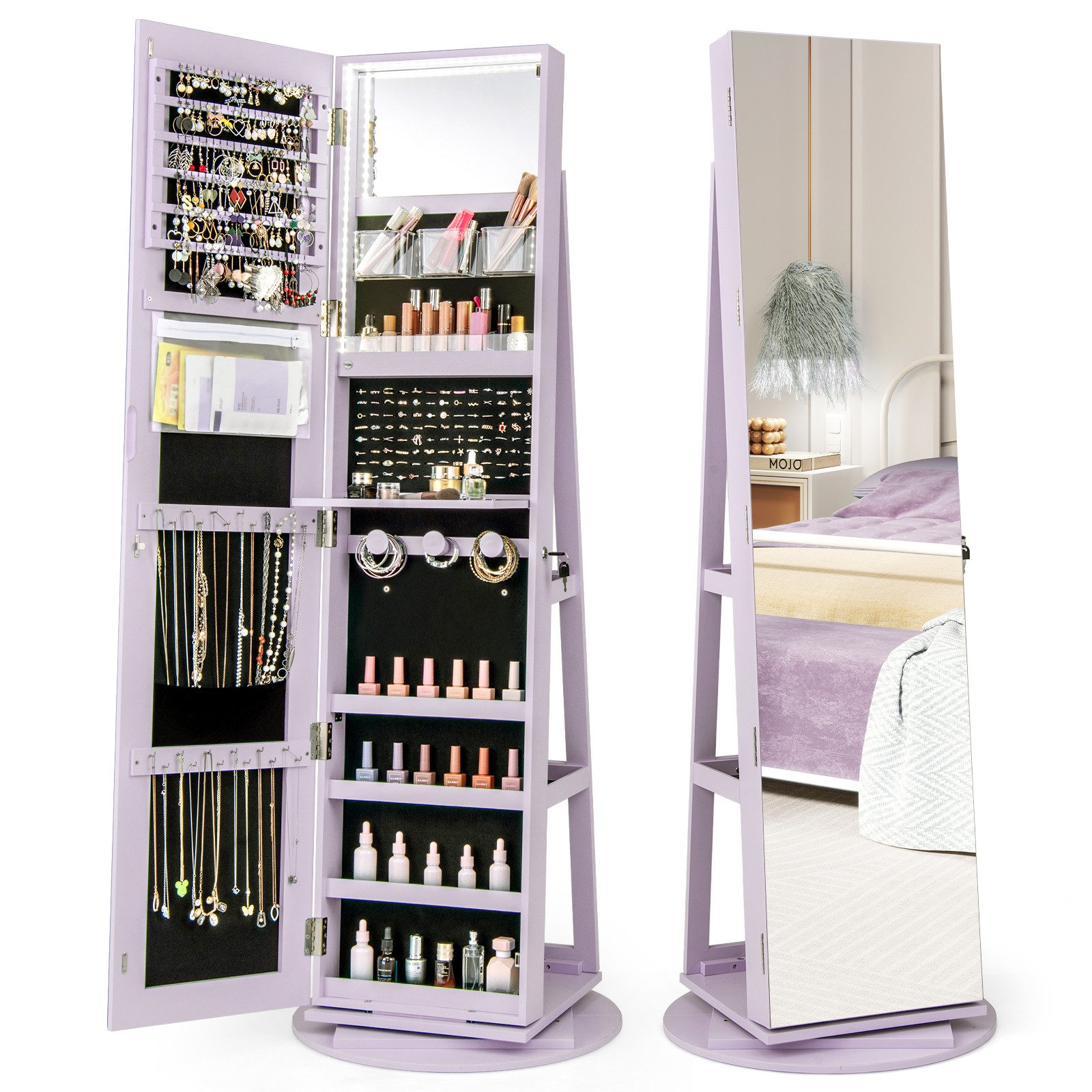 COSTWAY Schmuckschrank mit Ganzkörperspiegel & LED stehend, drehbar, abschließbar