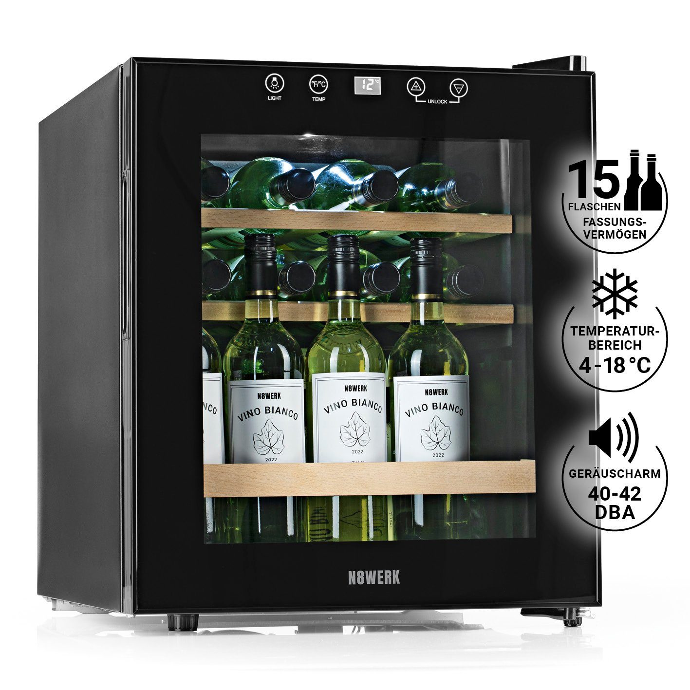 N8WERK Weinkühlschrank 15 Flaschen Kompressor Flaschenkühlschrank, für 15 Standardflaschen á 0,75l,JC-46E/HC HolzEinlegeböden vibrationsfreie Kühlung