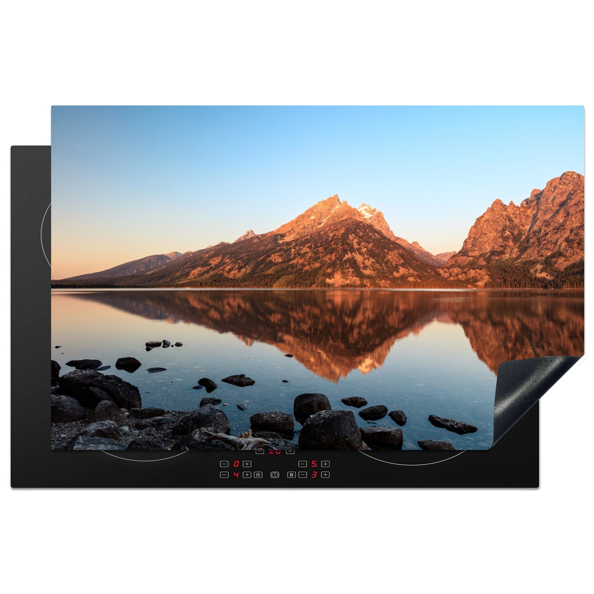 MuchoWow Herdblende-/Abdeckplatte Morgenlicht in den Teton Mountains am Rande eines ruhigen Sees, Vinyl, (1 tlg), 81x52 cm, Induktionskochfeld Schutz für die küche, Ceranfeldabdeckung
