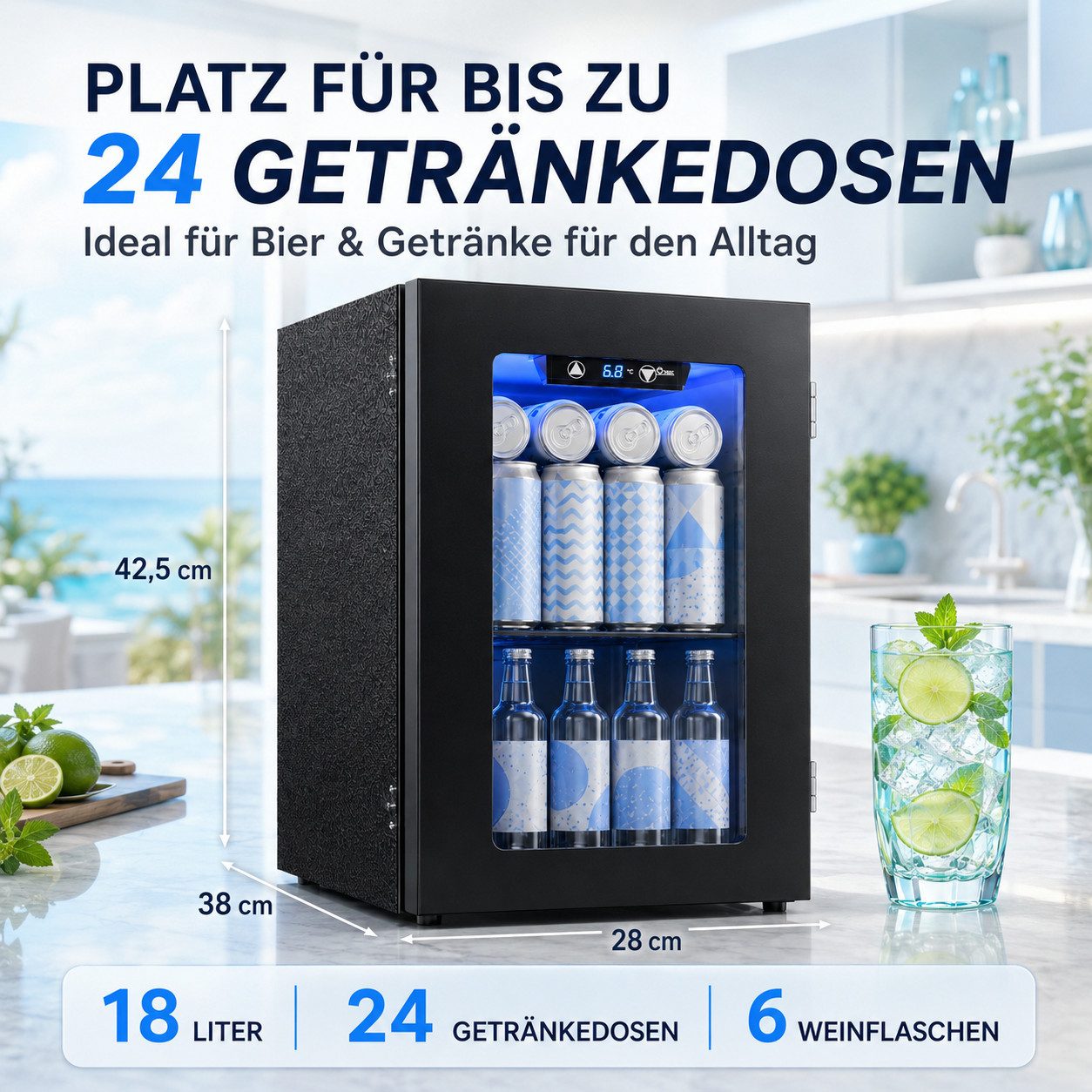 Furnicopia Getränkekühlschrank leise, 24 Dosen, verstellbares Regal, Digital-Display, Energieklasse E JC-18UEL-F, Kompressor, Doppelglas, LED, wenig Reif