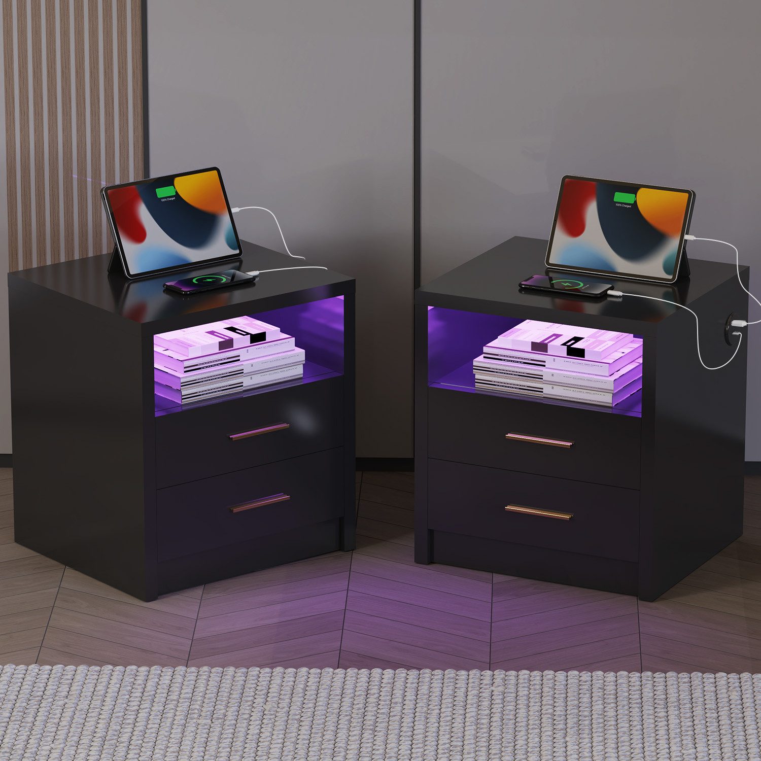 oyajia Nachttisch Nachtschrank mit 2/3 Schubladen, Beistelltisch mit Ladestation und LED (1-st RGB Nachttisch mit Schubladen und Ladestation), Nachttisch mit Sc – Bild 3 von 5