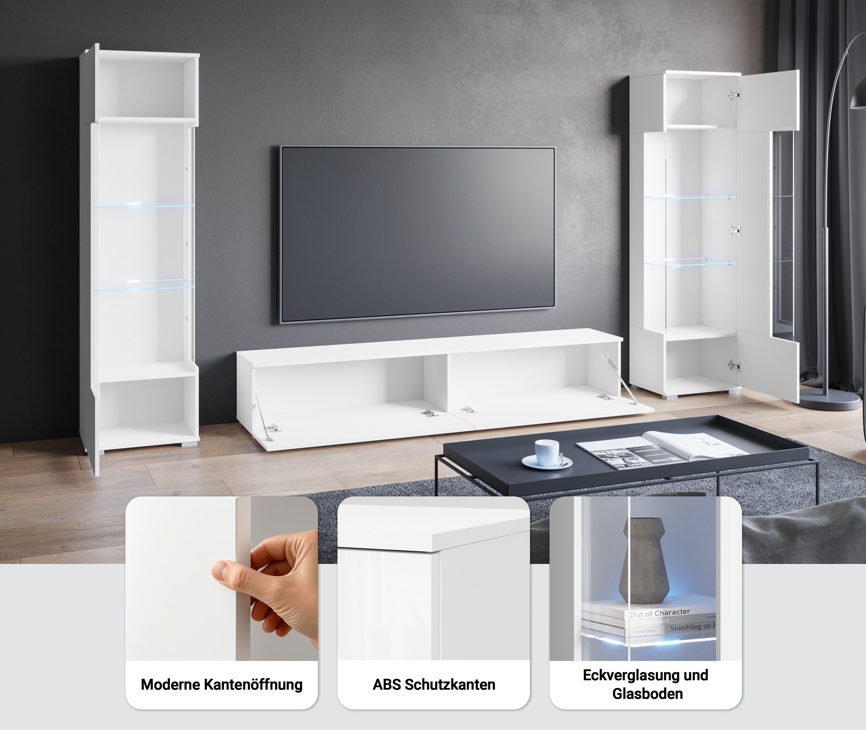 OTTO home Wohnwand Kenia, Vitrine Türanschlag links/rechts wechselbar, (3-St), Vitrinen mit Eckverglasung, hängend und stehend montierbar