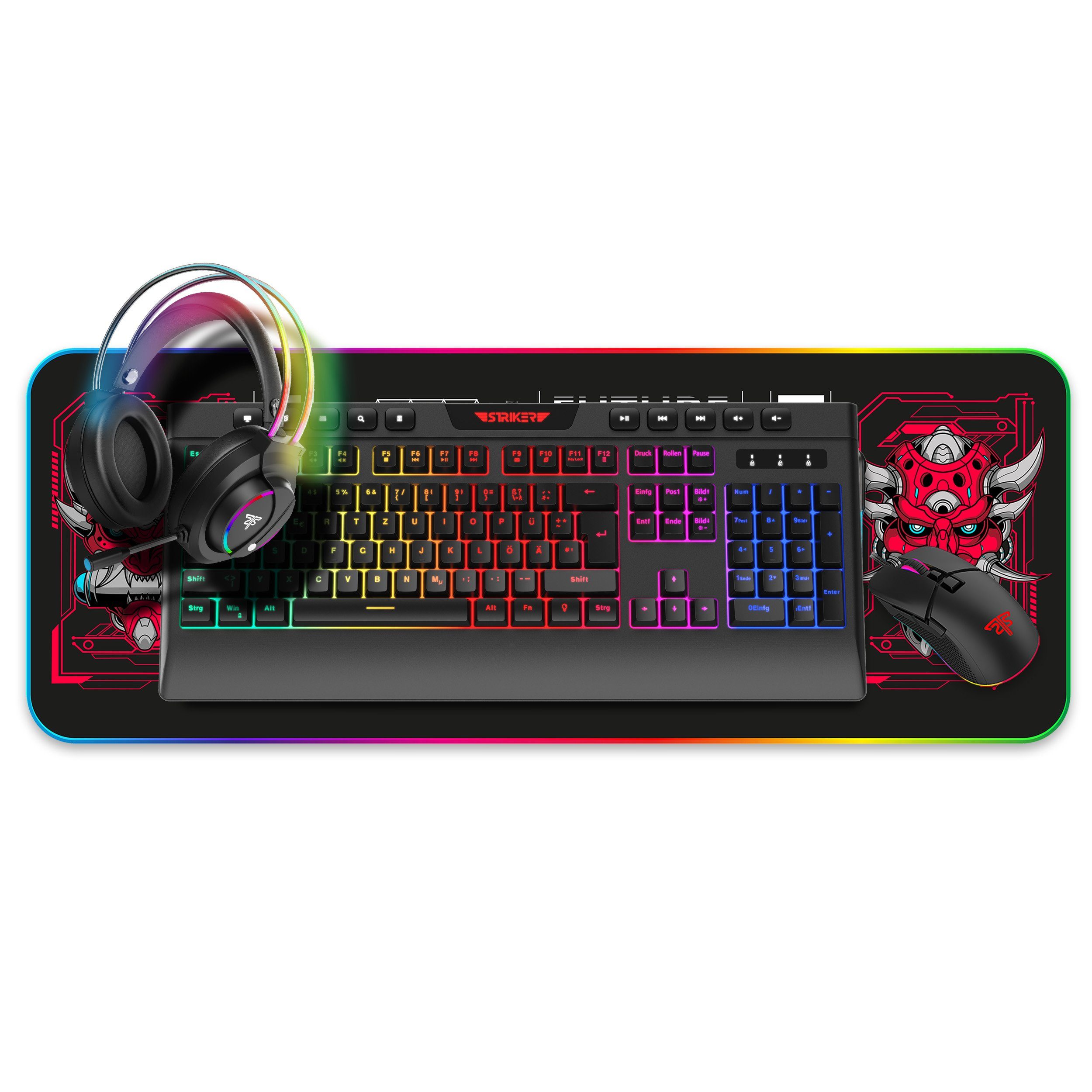 Hyrican Striker Gaming Set Tastatur, Maus, Headset, Mauspad, USB kabelgebunden Eingabegeräte-Set, ST-GKB8115, ST-GM005, ST-GH707, ST-MP25B, RGB-Beleuchtung, schwarz