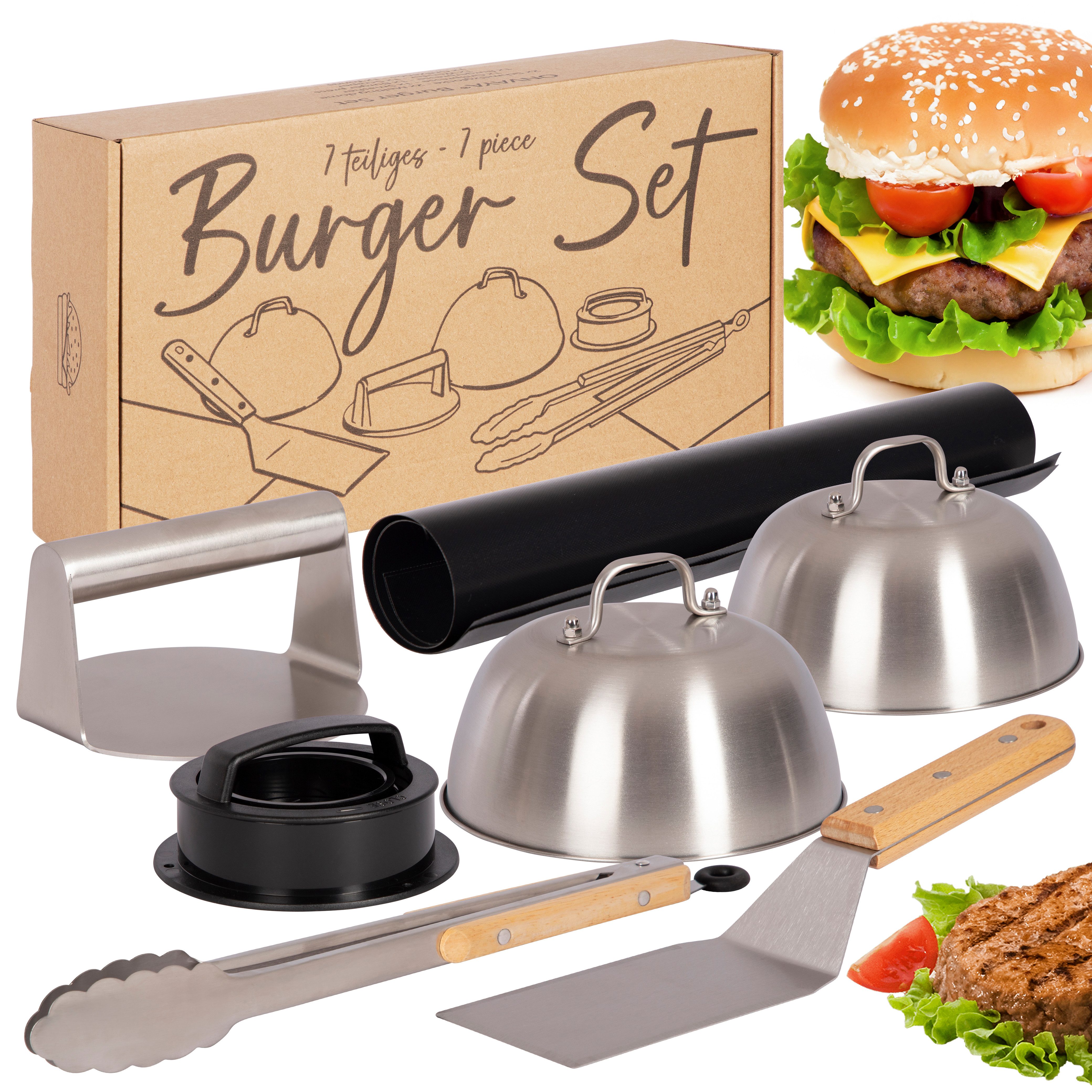 ONVAYA Burgerpresse Burger-Set 8 Teile ǀ Smash-Burger-Set mit Grillmatte und Schmelzglocke (8 St)