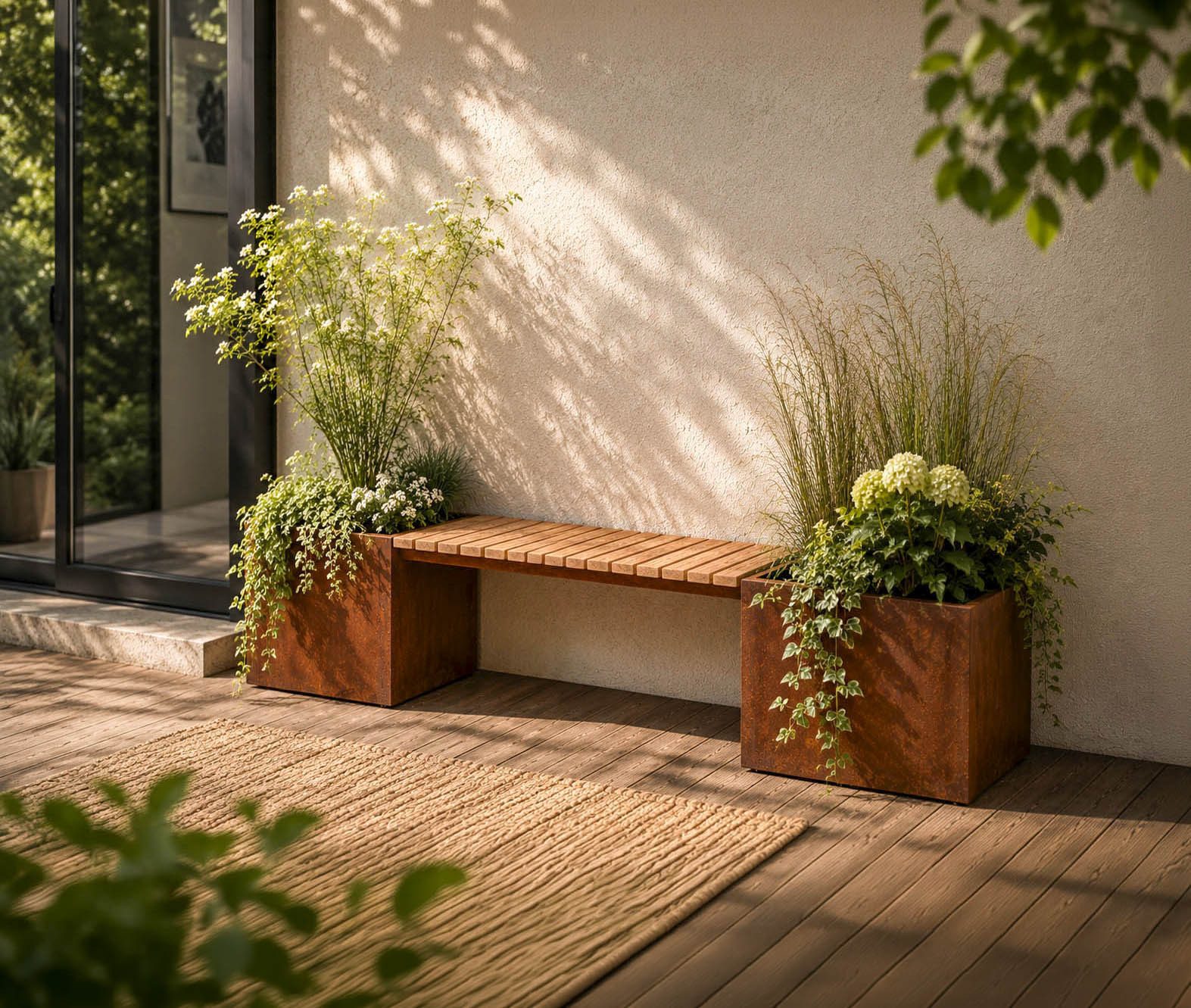 BADEKO Gartenbank Valencia aus Edelrost mit Lärchenholzsitzfläche 210x50x45cm, Sitzfläche aus Lärchenholz, Pflanzkübel aus Edelrost