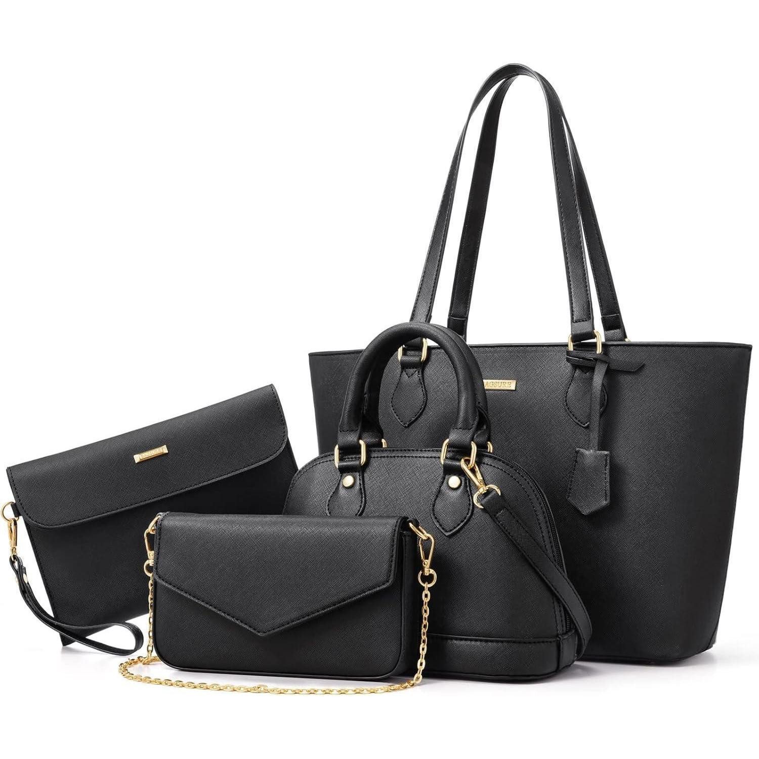 LuxusKollektion Handtasche 4-teiliges Handtaschen Set Damen Schwarz Büro Schule Reise Geschenk