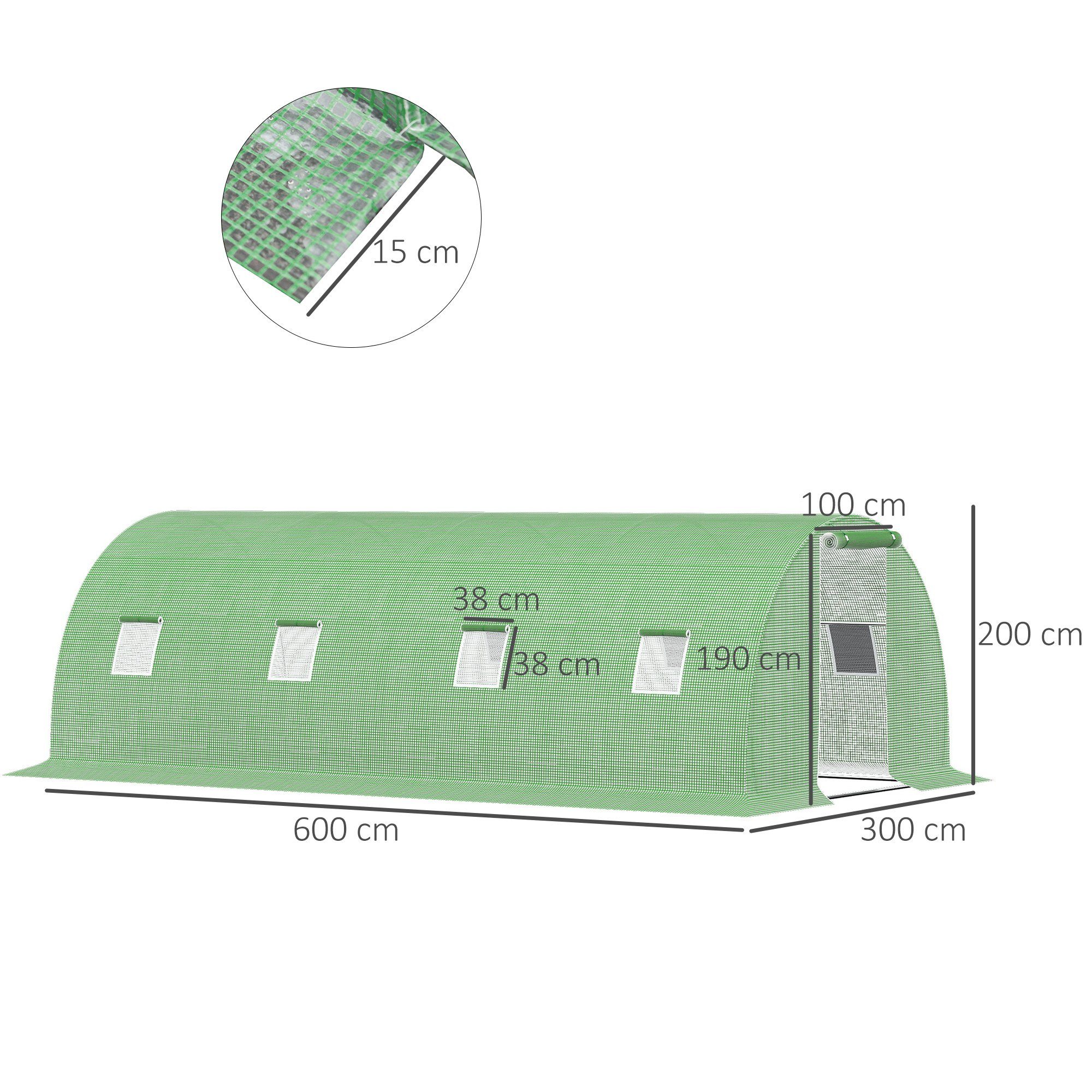 Outsunny Foliengewächshaus begehbares Polytunnel Gewächshaus mit 8 Fenster Treibhaus, BxTxH: 600 x 300 x 200 cm, BxLxH: 300 x 600 x 200 cm, 0.5 mm Wandstärke, Tomatengewächshaus 4-St., Tomatenhaus, Frostschutz, Stahlrahmen, Grün