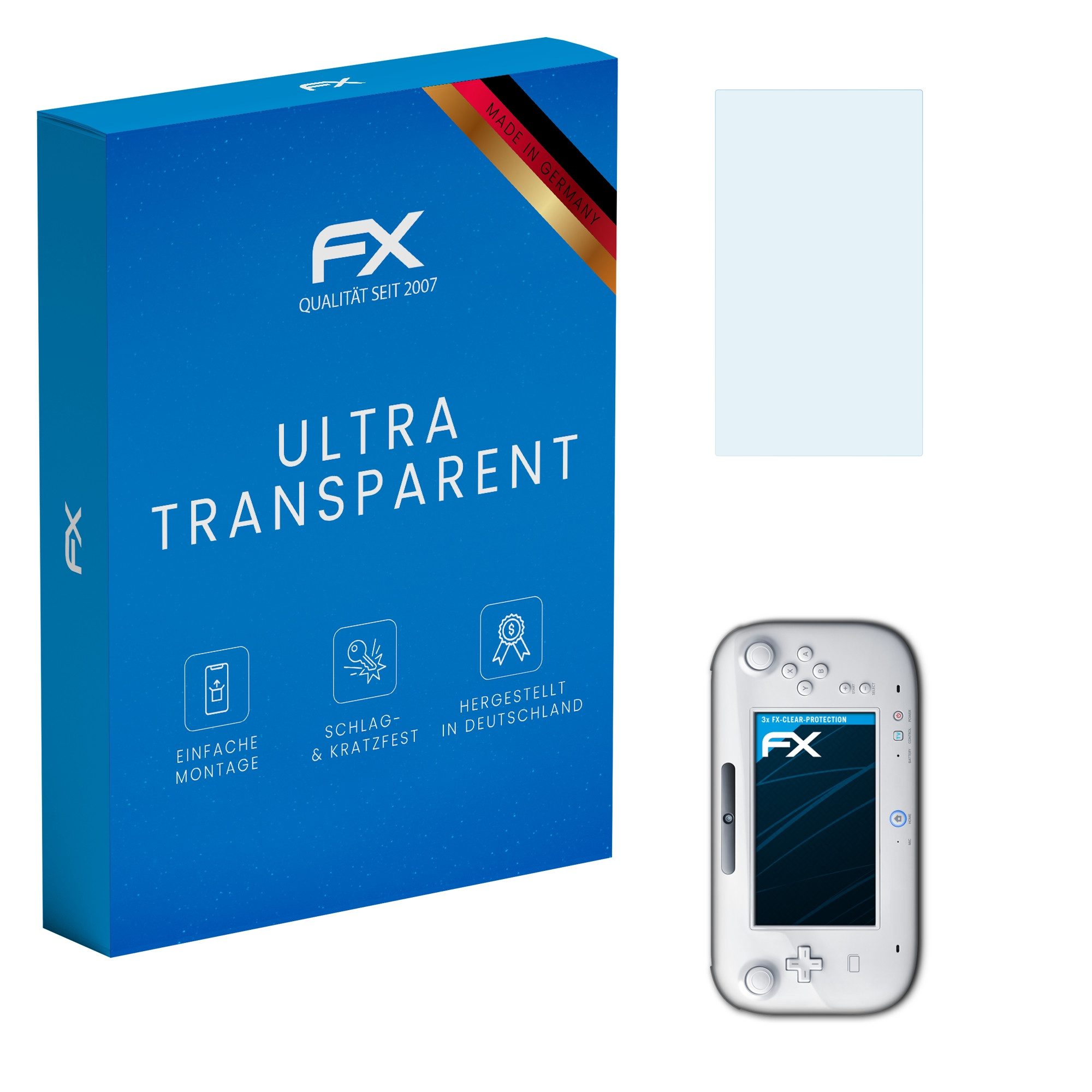 atFoliX Schutzfolie Displayschutz für Nintendo Wii U GamePad, (3 Folien), Ultraklar und hartbeschichtet
