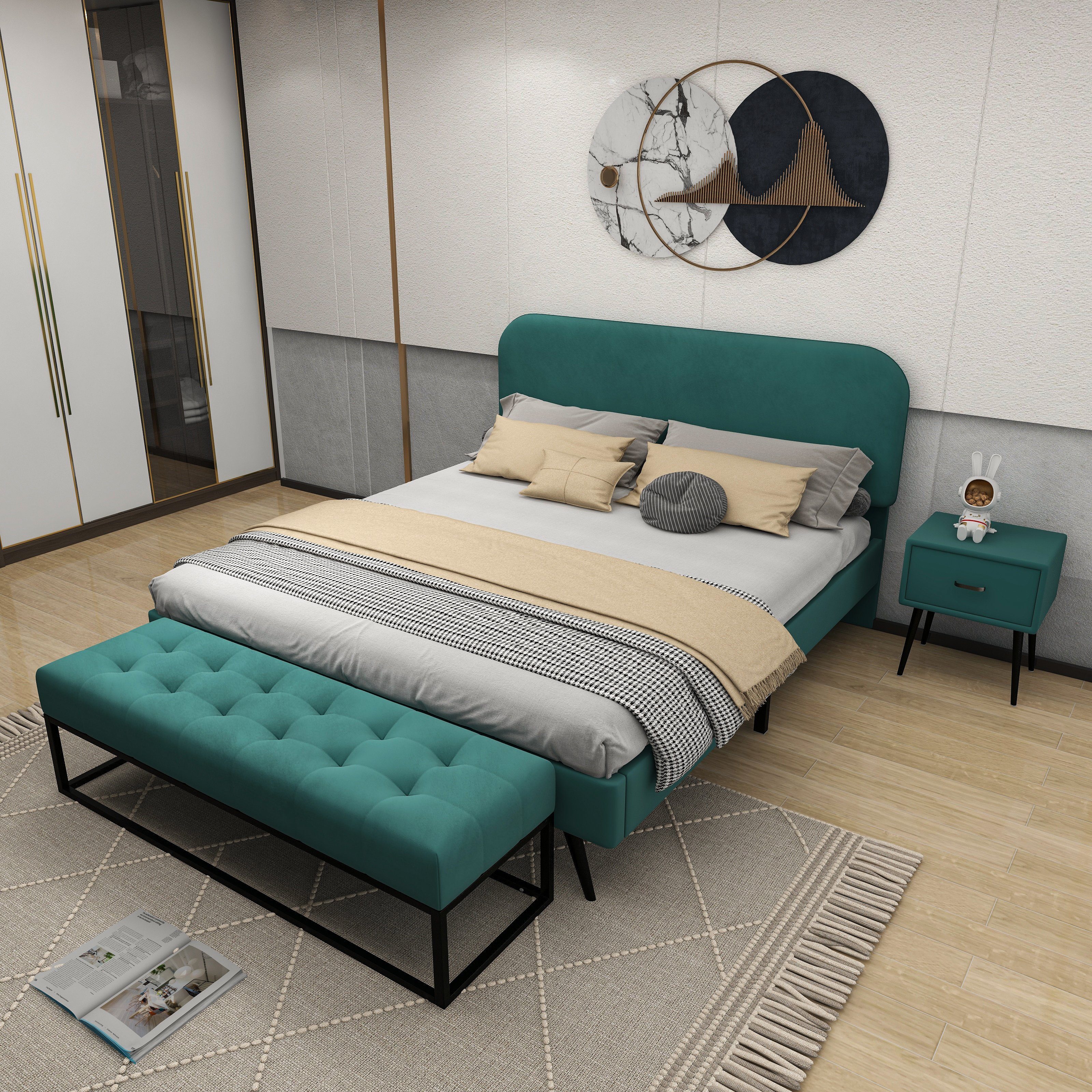 OKWISH Bett Schlafzimmer Set, Modernes Design Doppelbett (Doppelbett + 1x Nachttisch + Betthocker, 140x200cm), Ohne Matratze