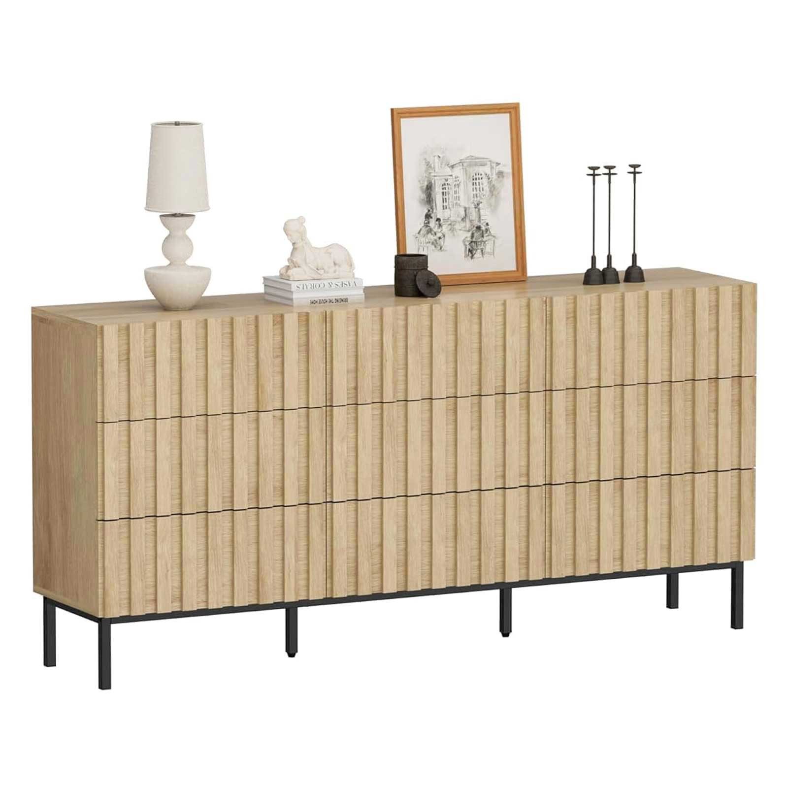 Kommode mit 9 Schubladen, Sideboard groß mit Lamellen