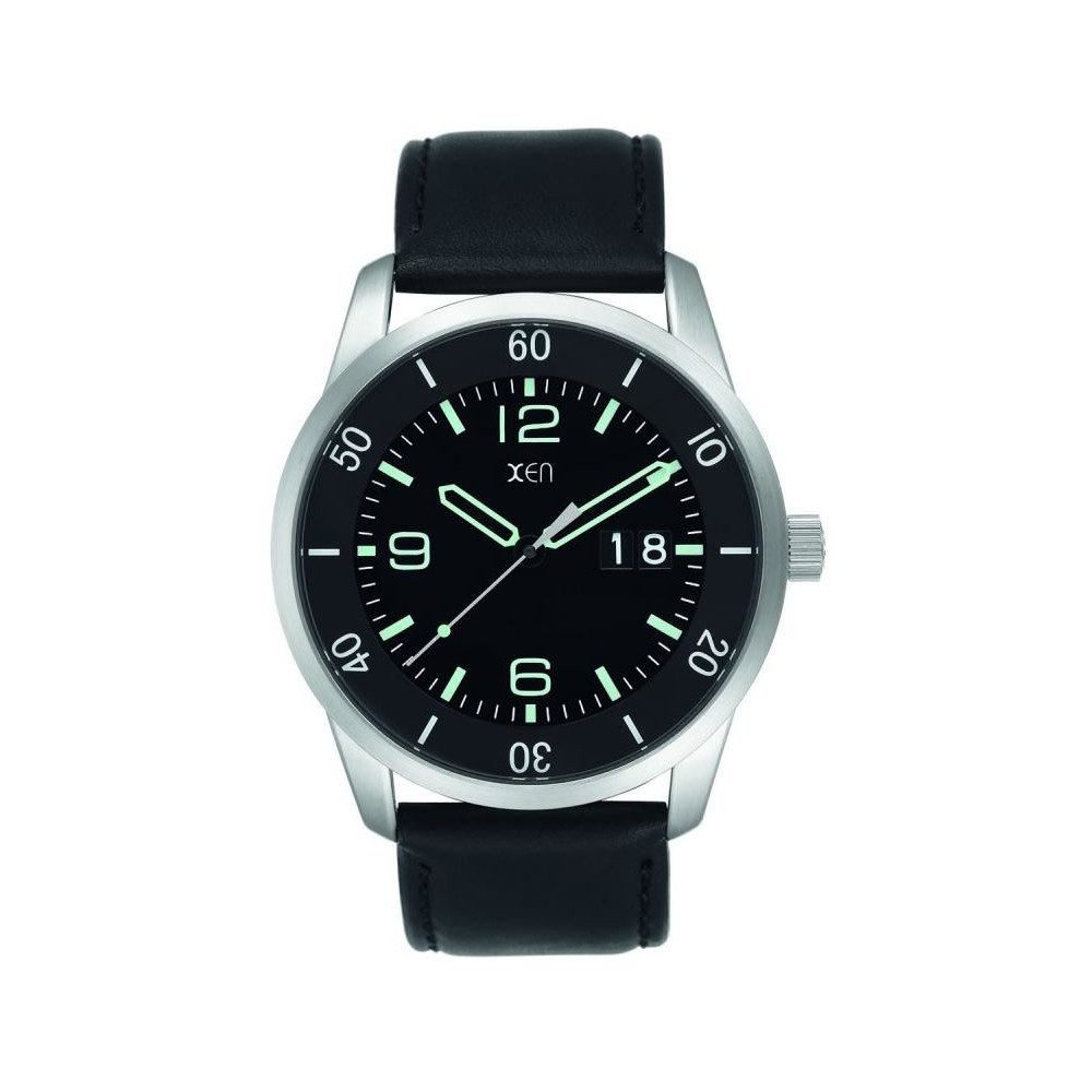 XEN Quarzuhr Herren Schwarz Silber Edelstahl Lederband 5 Bar XQ0189, Gehäuseboden mit Schrauben verschraubt