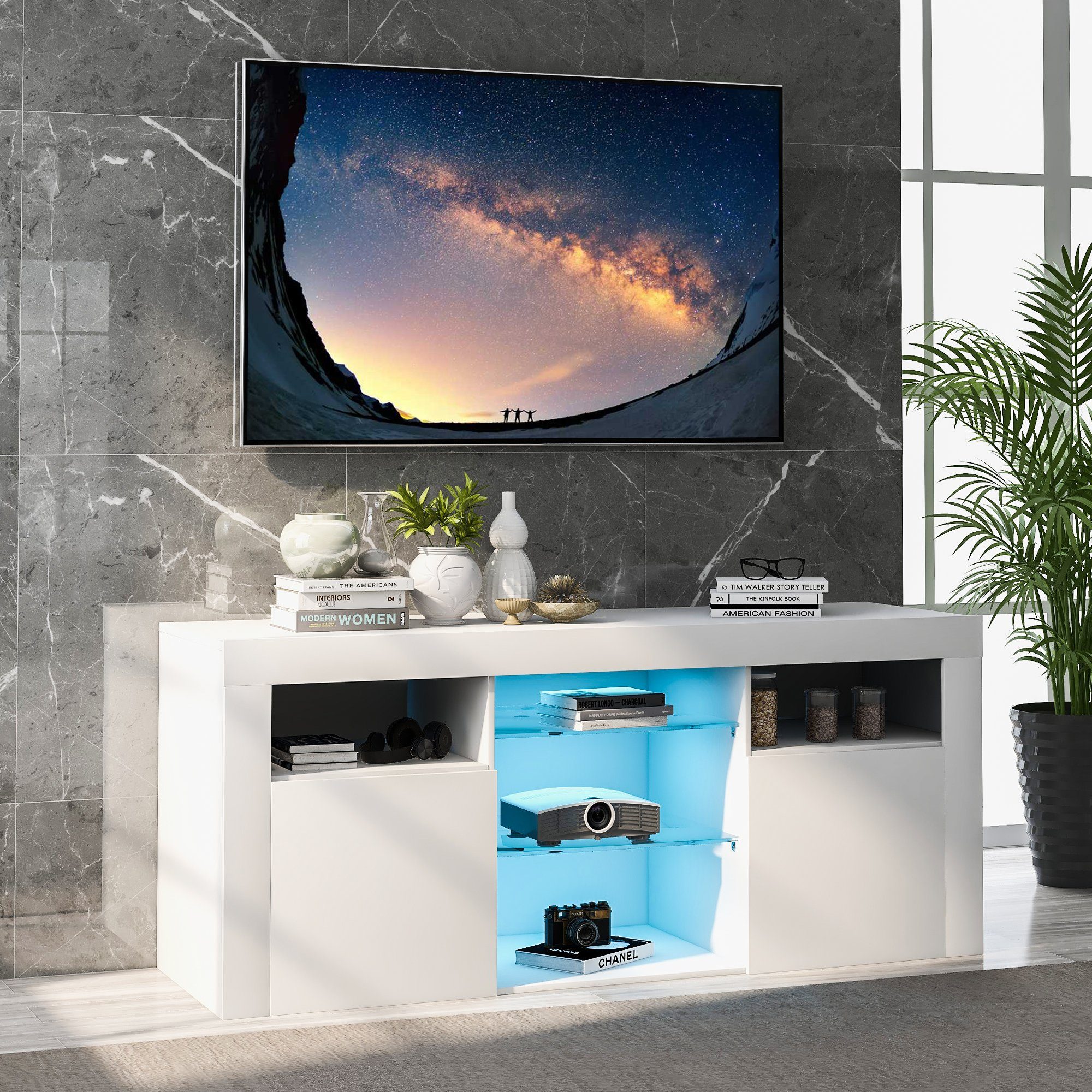 Odikalo TV-Schrank TV-Tisch,TV-Ständer, 2 Schränken, 5 offen Regalen, 16 Farben LED, weiß