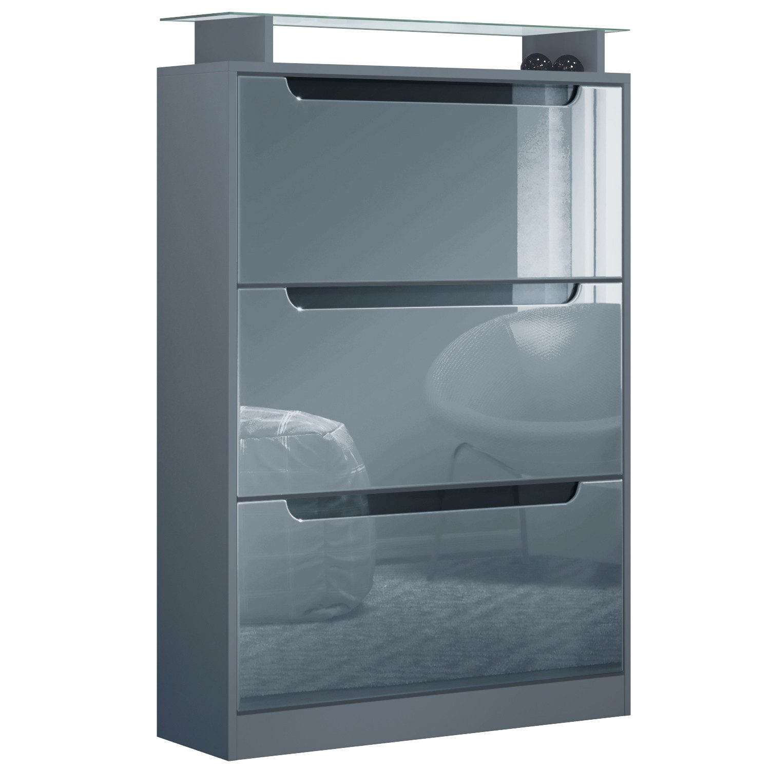 Vladon Schuhschrank Space (Schuhkipper, für 24 Paar Schuhe mit 3 Klappen und Glasablage) Anthrazit matt/Grau Hochglanz (89 x 128 x 23 cm)