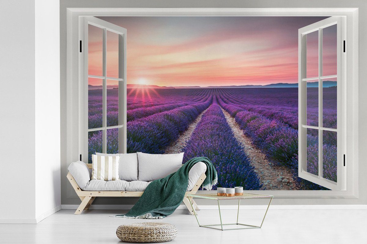 MuchoWow Fototapete Vista - Sonnenuntergang - Lavendel, Matt, bedruckt, (6 St), Wallpaper für Wohnzimmer, Schlafzimmer, Kinderzimmer, Vinyl Tapete