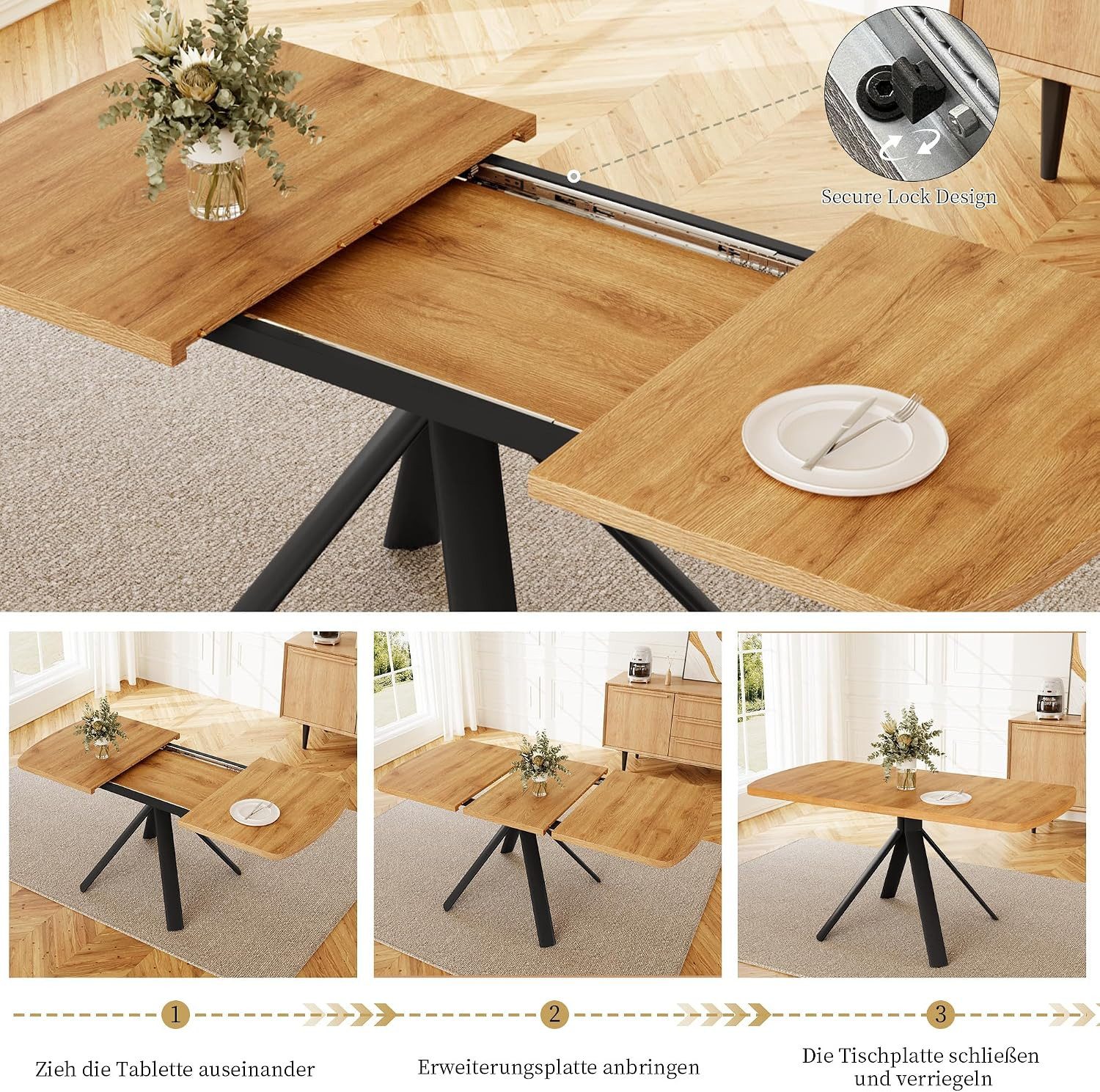 Jiexi Essgruppe Ausziehbare Essgruppe, Holzoptik mit [Esstisch + 6 Begie Stühle] – Bild 4 von 5