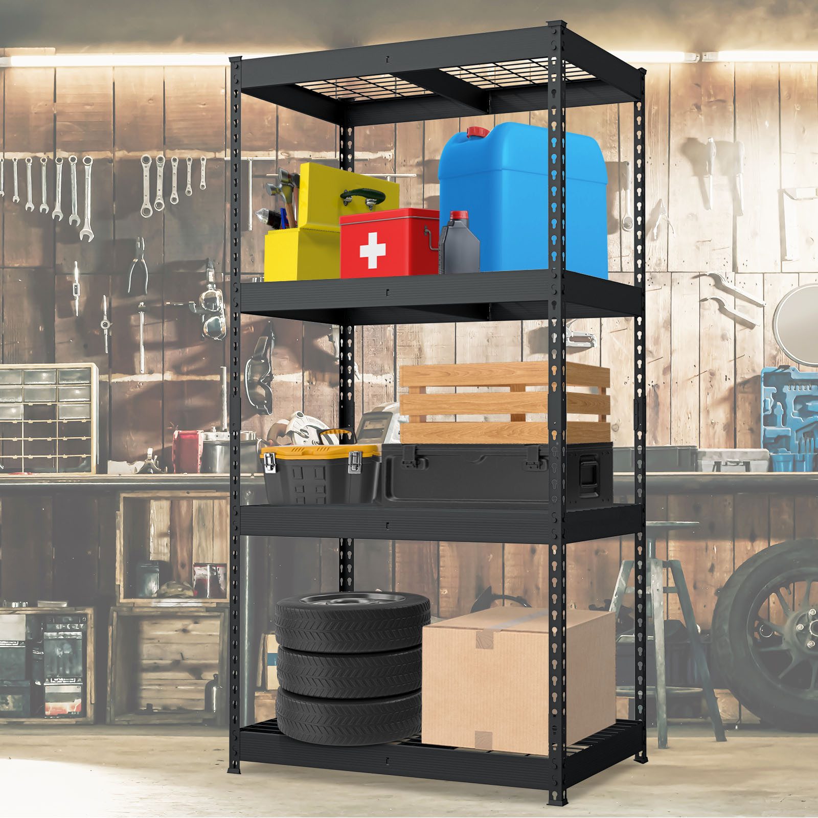 Floordirekt Schwerlastregal Yukon Rivet aus Stahl, belastbar bis zu 1400 kg, Werkzeuglose Montage, Verschiedene Größen & Farben 1-tlg., Witterungsbeständig, In- & Outdoor, höhenverstellbare Gitterböden