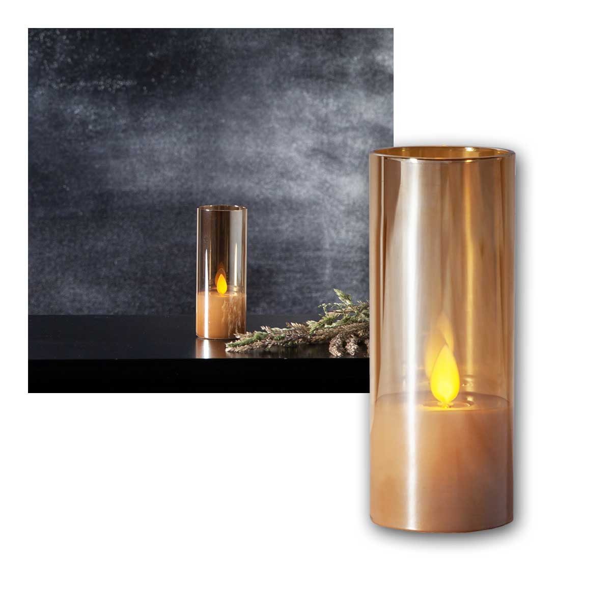 STAR TRADING LED-Kerze LED Windlicht "M-Twinkle", 12,5x5cm, Glas amber, warmweiß
