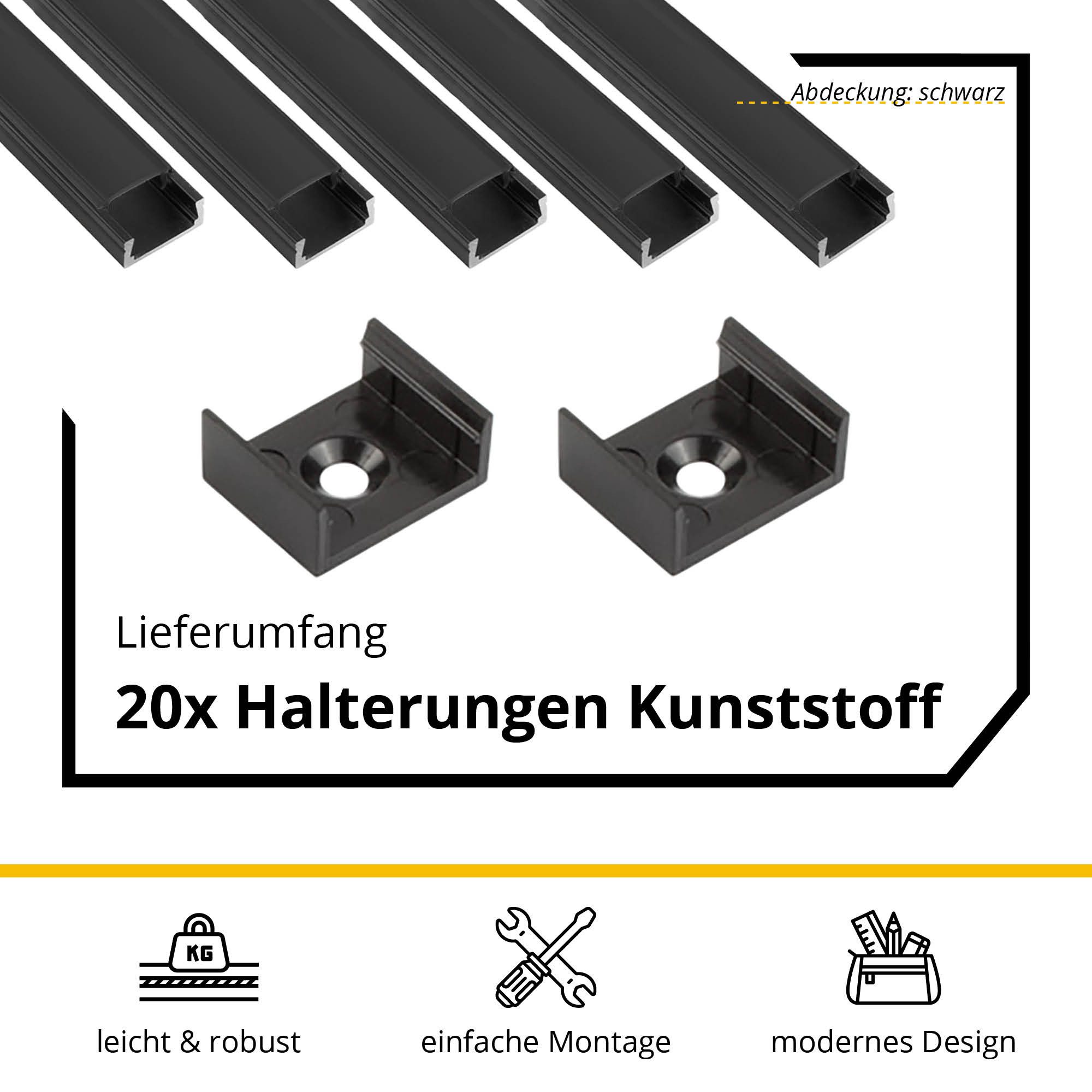 tktrading24 LED-Stripe-Profil 5x A15 LED Profil 2m - Schwarz inkl. Abdeckung, Halter & Endkappen – Bild 4 von 5