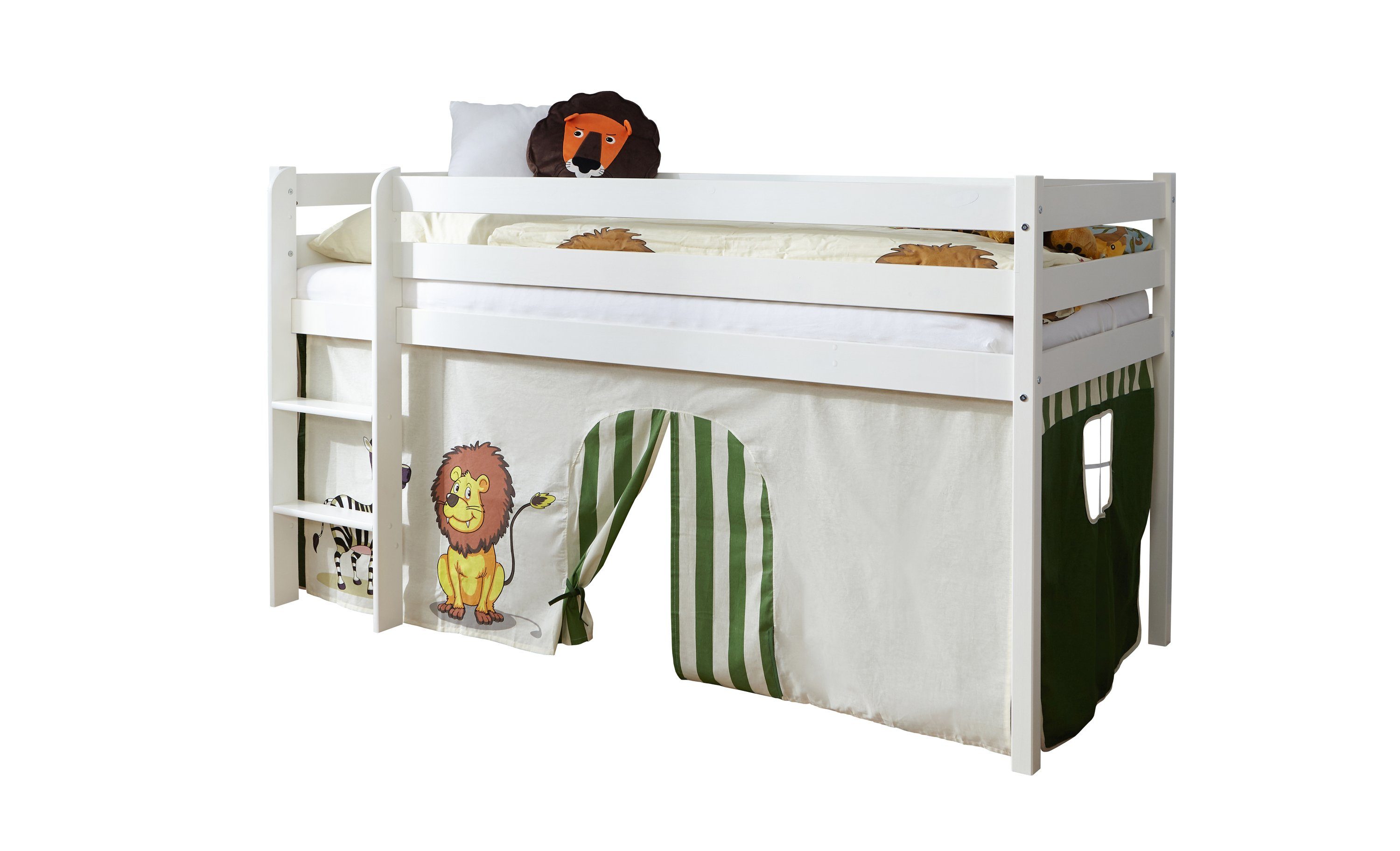 Ticaa Hochbett Hochbett Kiefer Weiß Vorhang "Safari"