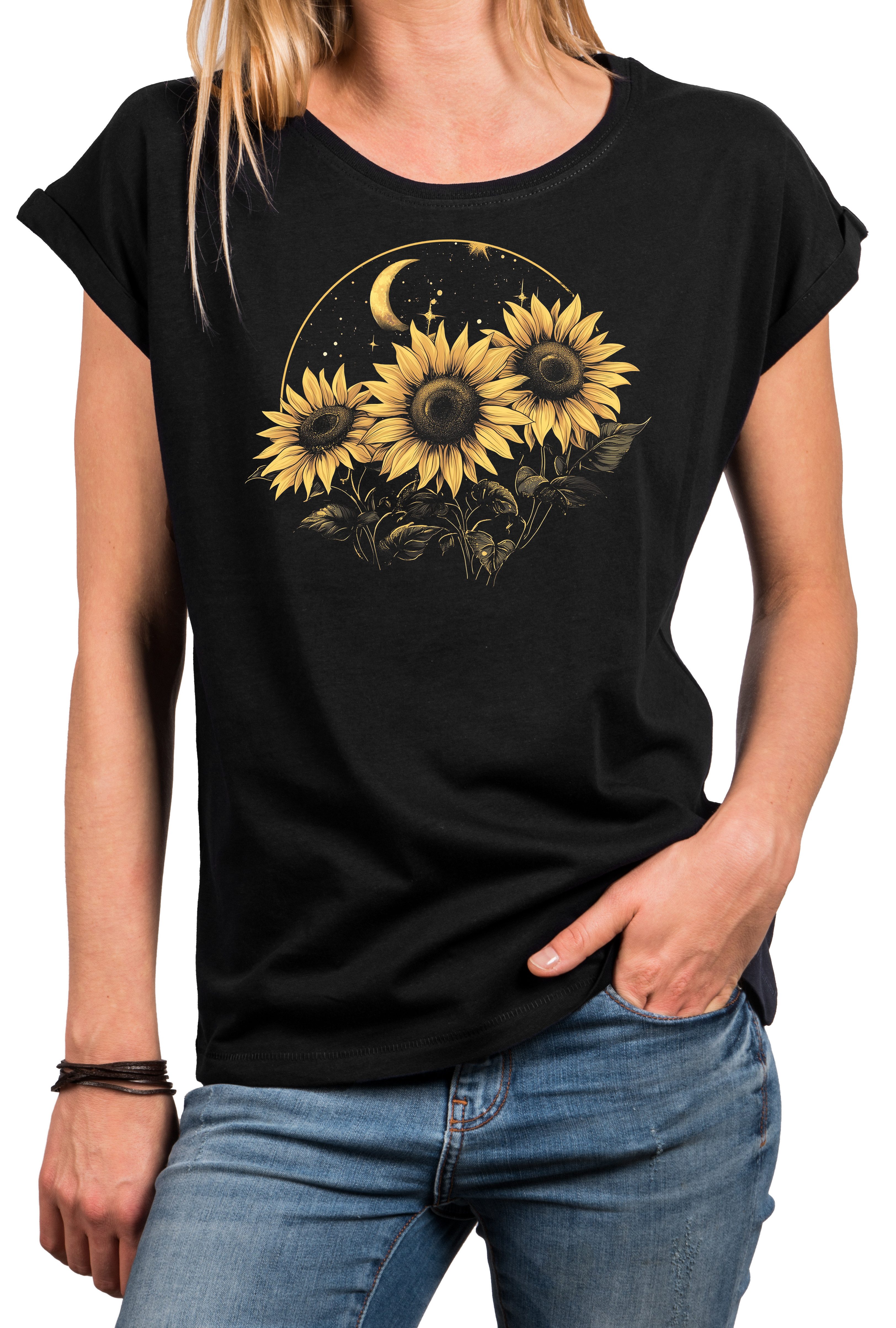 MAKAYA Kurzarmshirt Damen Blumenprint Sonnenblumen Mond günstig online kaufen