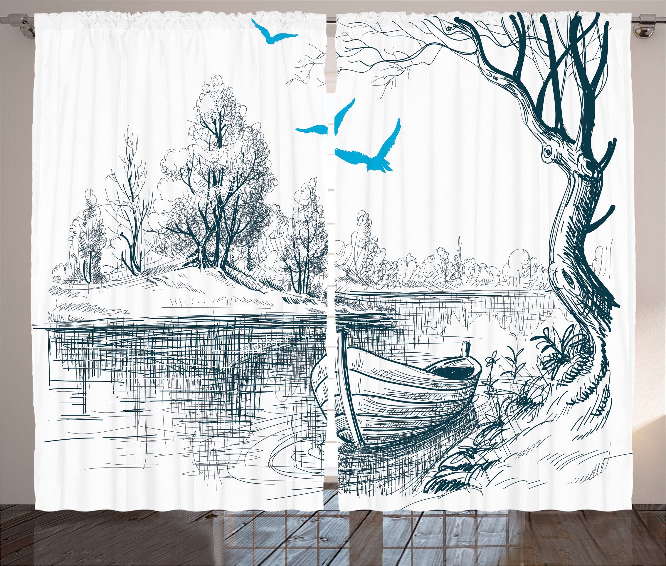 Gardine Schlafzimmer Kräuselband Vorhang mit Schlaufen und Haken, Abakuhaus, Skizzenhaft Boot auf dem Fluss Zeichnung