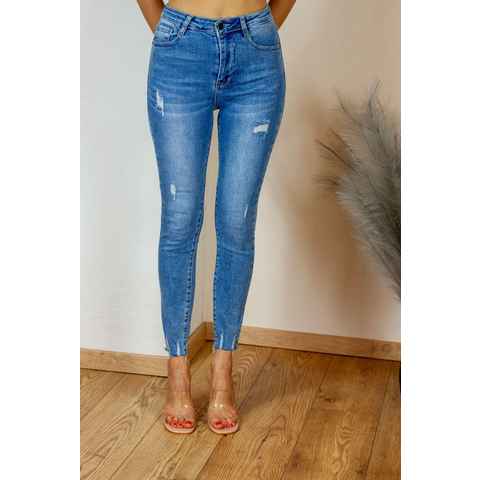 Lelü Fashion Stretch-Jeans Highwaist Jeans hellblau mit Used-Details, aus gewaschen Denim, 5-Packet-Jeans