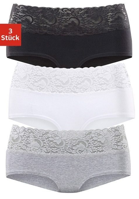 Vivance Panty (Packung, 3-St) aus elastischer Baumwolle mit floraler Spitze schwarz, weiß, grau-meliert | Klassische Panties